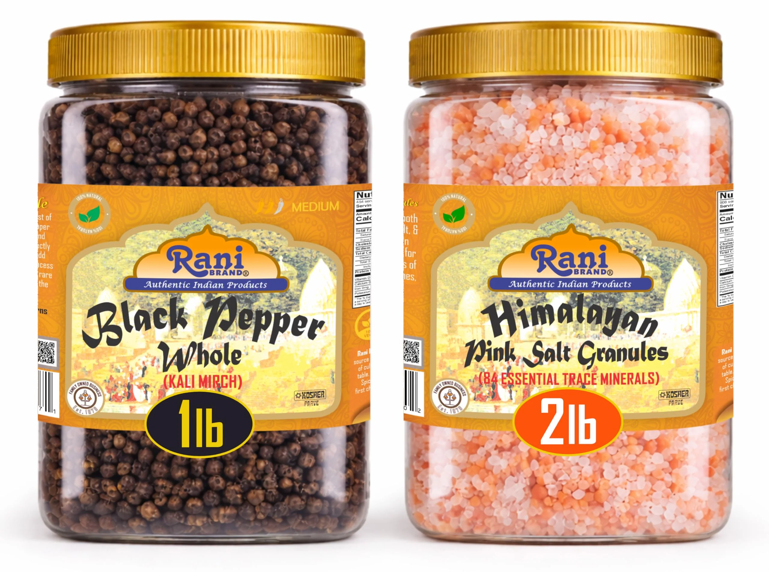 Rani Black Pepper Whole 16oz (1lb) 454g PET Jar & Himalayan Pink Salt Granules 32oz (2lbs) 908g PET Jar, Combo Pack, Perfect size for Grinders! ~ All Natural | Gluten Friendly | Non-GMO | Kosher - Image 2