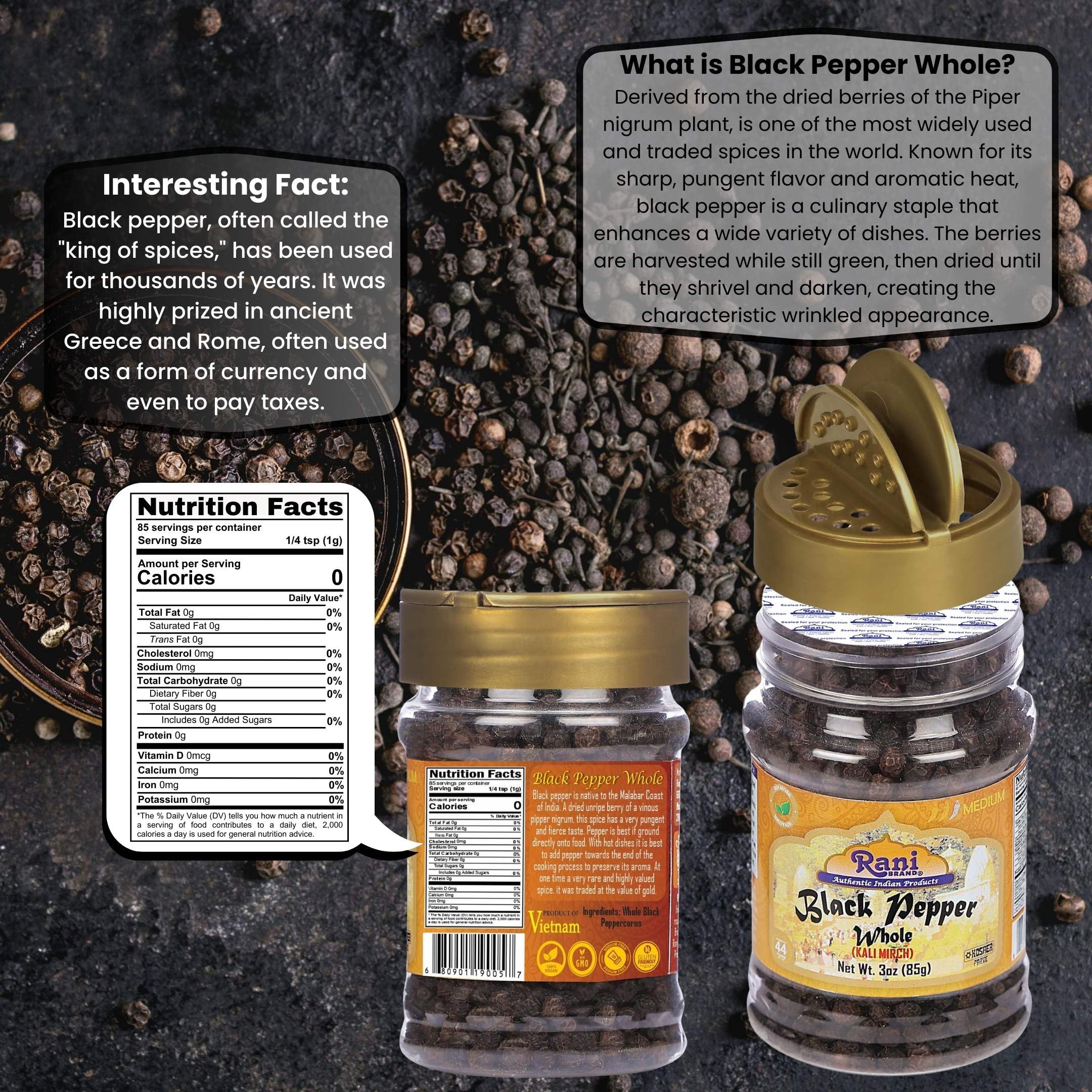 Rani Black Pepper Whole (Peppercorns), Premium MG-1 Grade 3oz (85g) PET Jar ~ All Natural | Gluten Friendly | Non-GMO | Kosher | Perfect size for Grinders! - Image 3