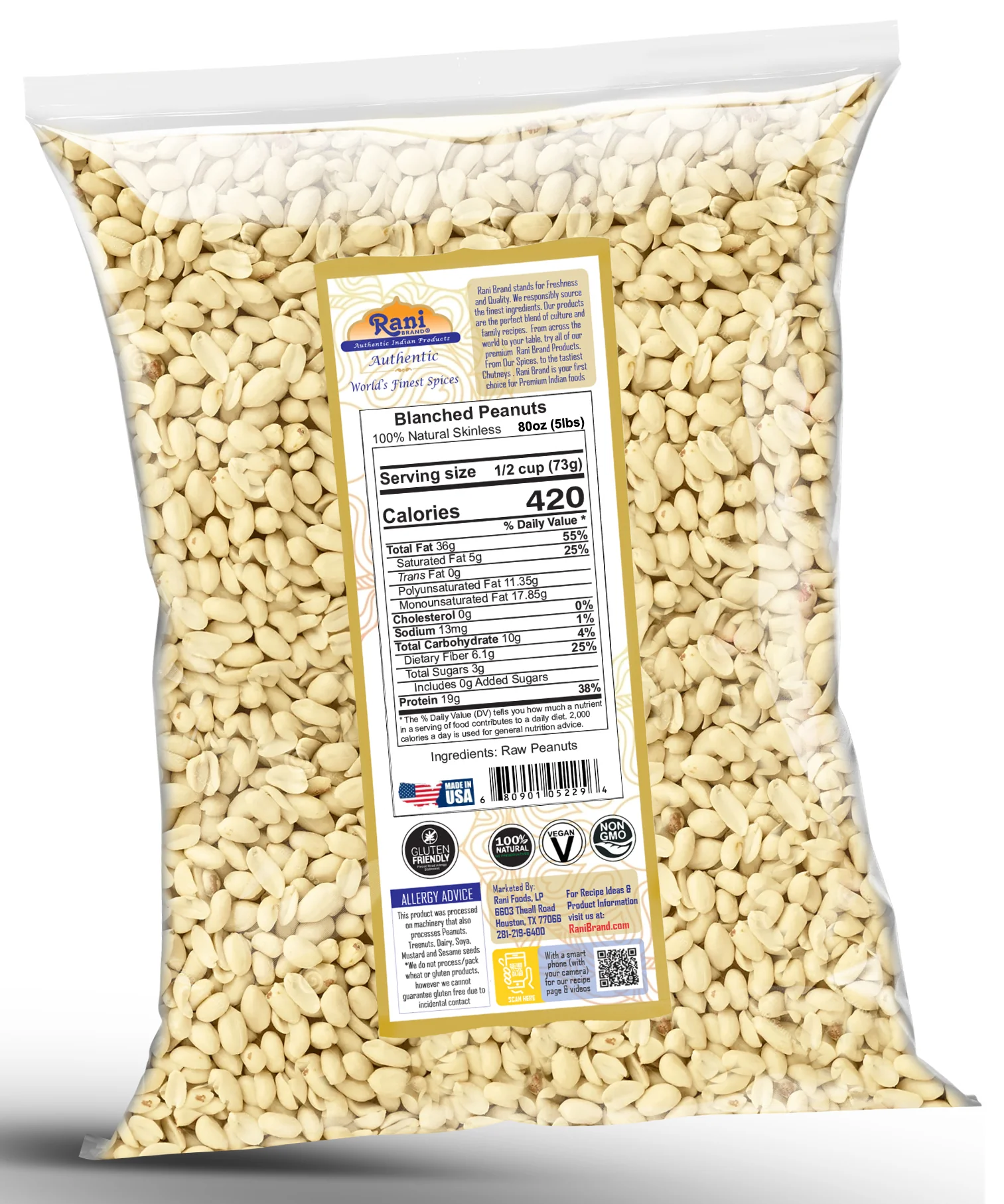 Rani Peanuts Skinless (Blanched, Uncooked) 80oz (5lbs) 2.27kg Bulk ~ All Natural | Vegan | Gluten Friendly | Kosher | Fresh Product of USA ~ Spanish Grade Groundnuts - Image 9