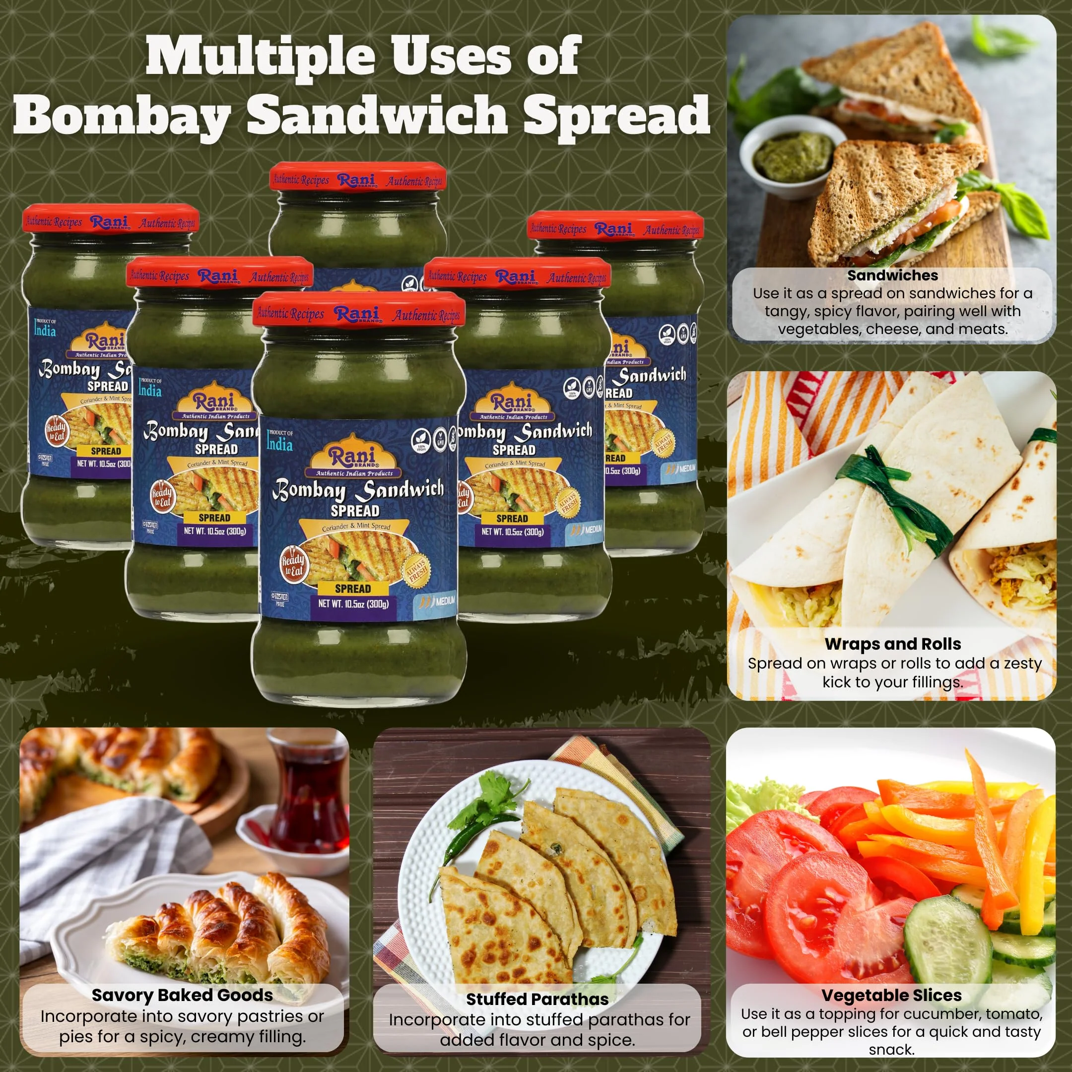 Rani Bombay Sandwich Spread, Mild (Mint & Coriander) 10.5oz (300g) Glass Jar, Ready to Eat, Pack of 5+1 FREE ~ Vegan | Gluten Free | NON-GMO | Kosher - Image 2