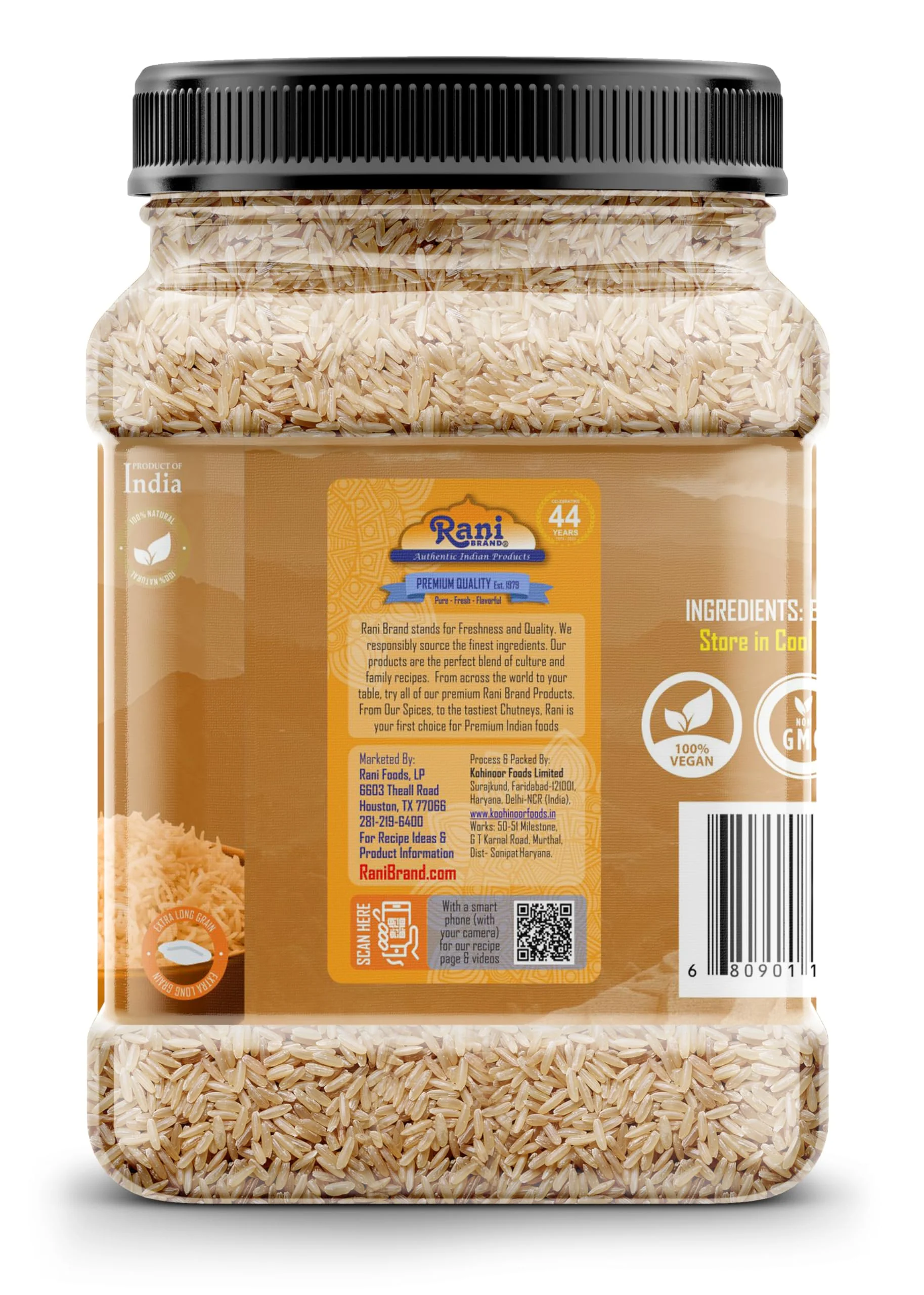 Rani Brown Basmati Rice Extra Long Aged 64oz (4lbs) 1.81kg PET Jar ~ All Natural | Gluten Friendly | Vegan | Indian Origin | Kosher | Export Quality - Image 10