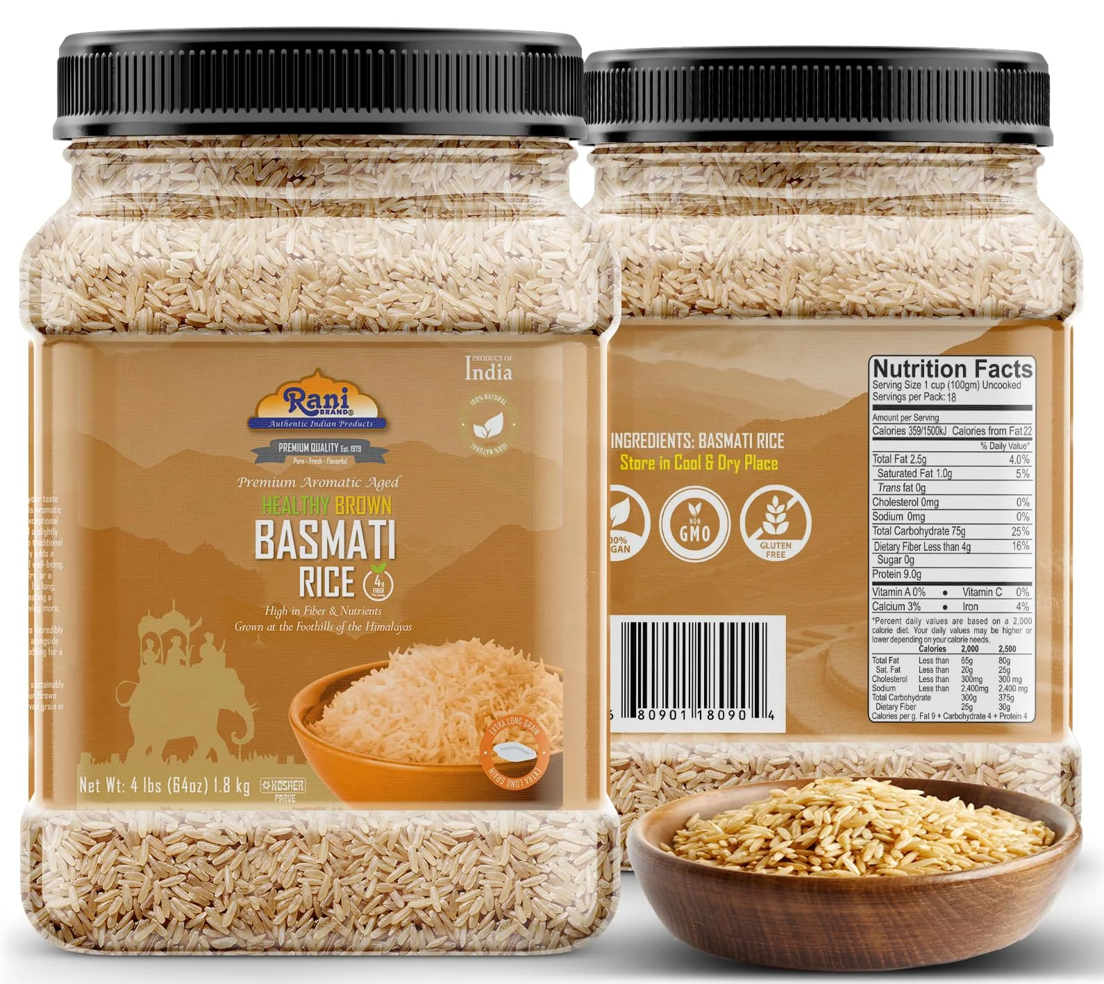 Rani Brown Basmati Rice Extra Long Aged 64oz (4lbs) 1.81kg PET Jar ~ All Natural | Gluten Friendly | Vegan | Indian Origin | Kosher | Export Quality - Image 5