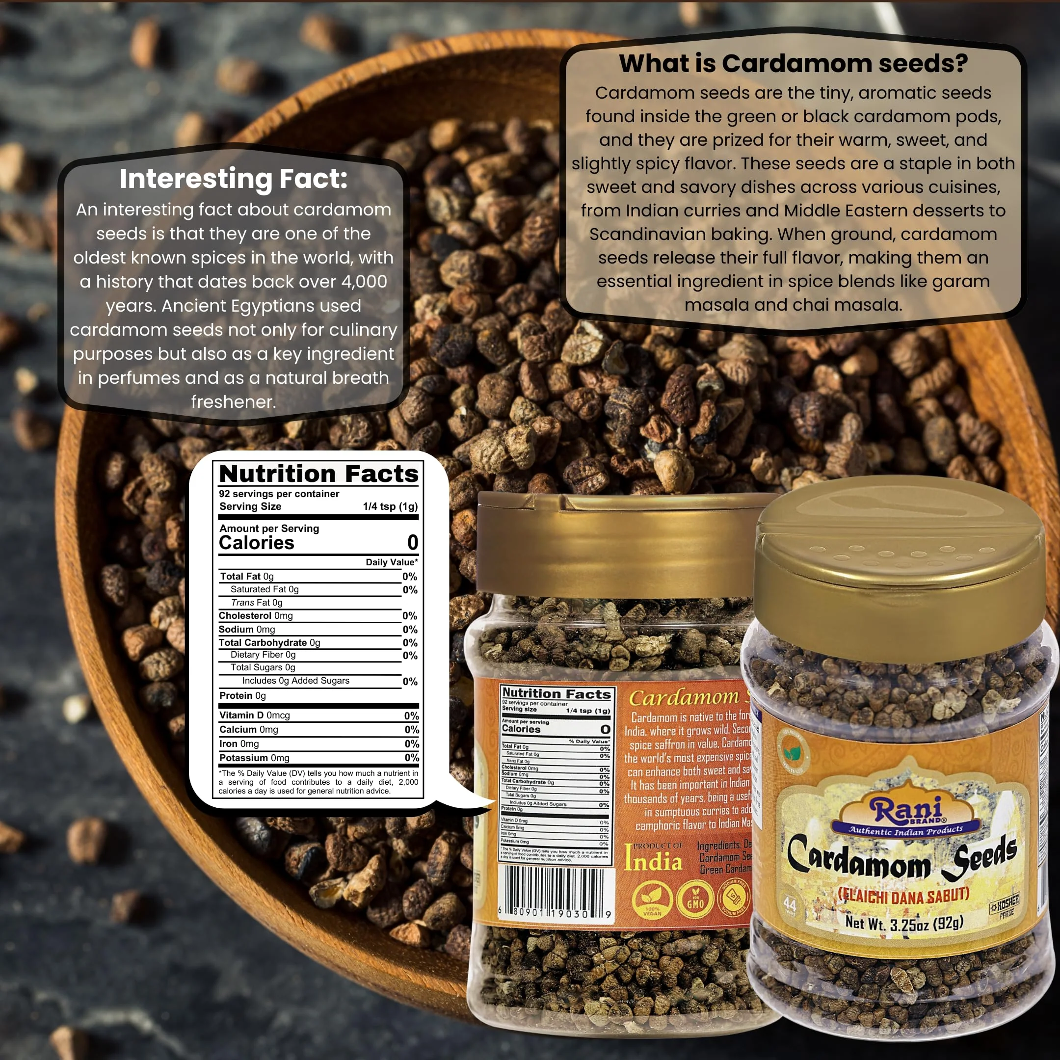 Rani Cardamom (Elachi) Decorticated Seeds Indian Spice 3.25oz (92g) PET Jar~ All Natural | Vegan | Gluten Friendly | NON-GMO | Kosher | Indian Origin - Image 3