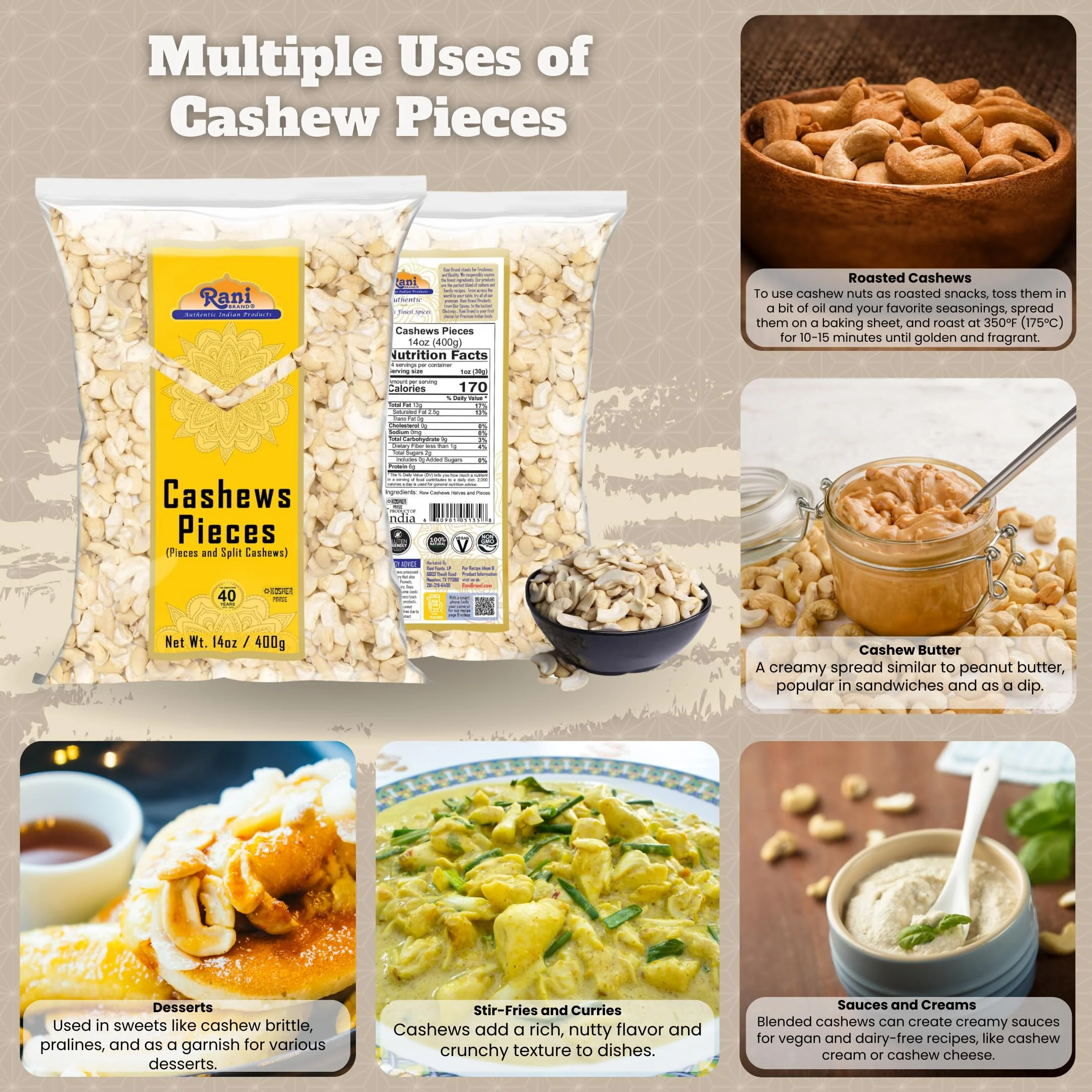 Rani Raw Cashews Halves and Pieces (uncooked, unsalted) 14oz (400g) ~ All Natural, No Preservatives | Vegan | NON-GMO | Kosher | Gluten Friendly - Image 2