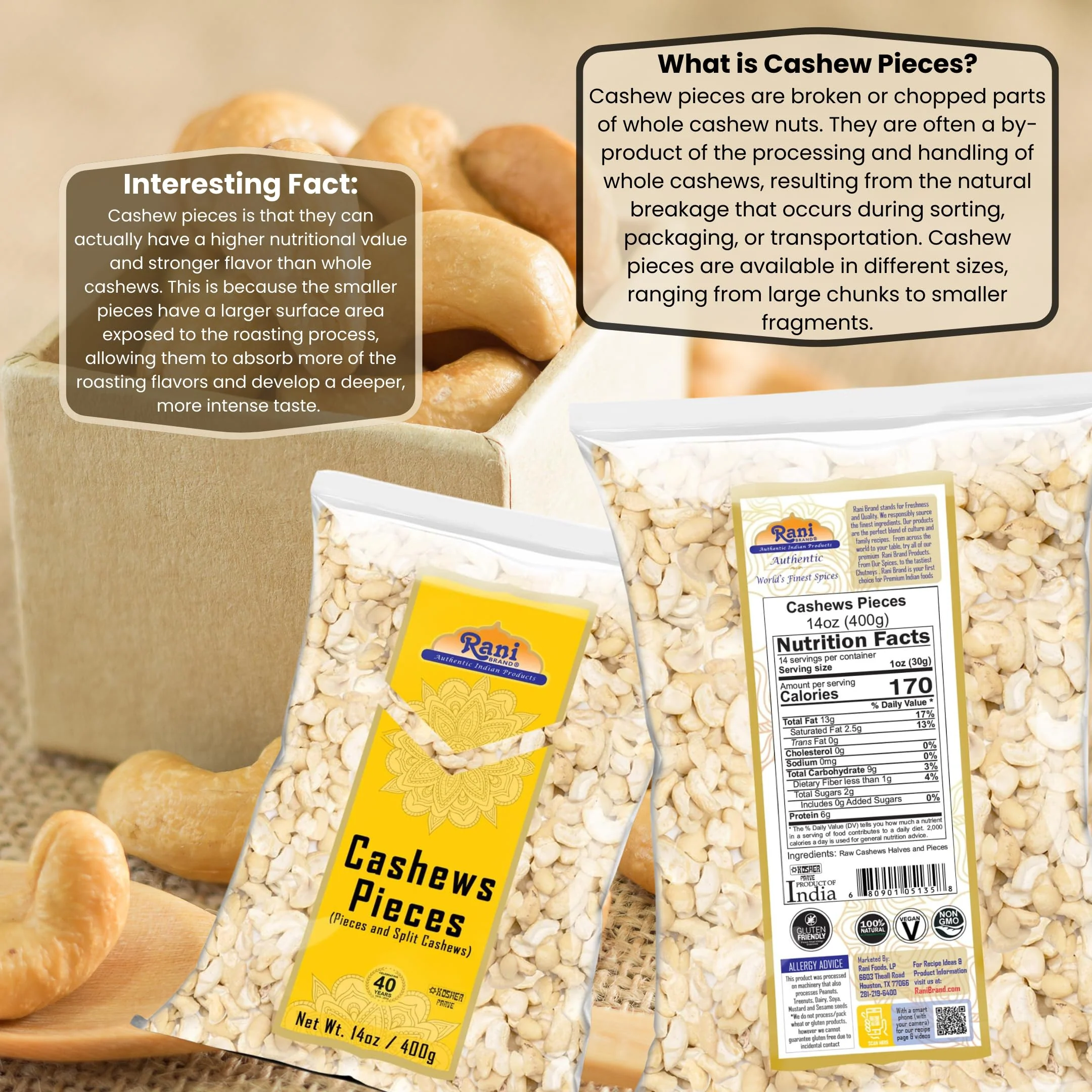 Rani Raw Cashews Halves and Pieces (uncooked, unsalted) 14oz (400g) ~ All Natural, No Preservatives | Vegan | NON-GMO | Kosher | Gluten Friendly - Image 3