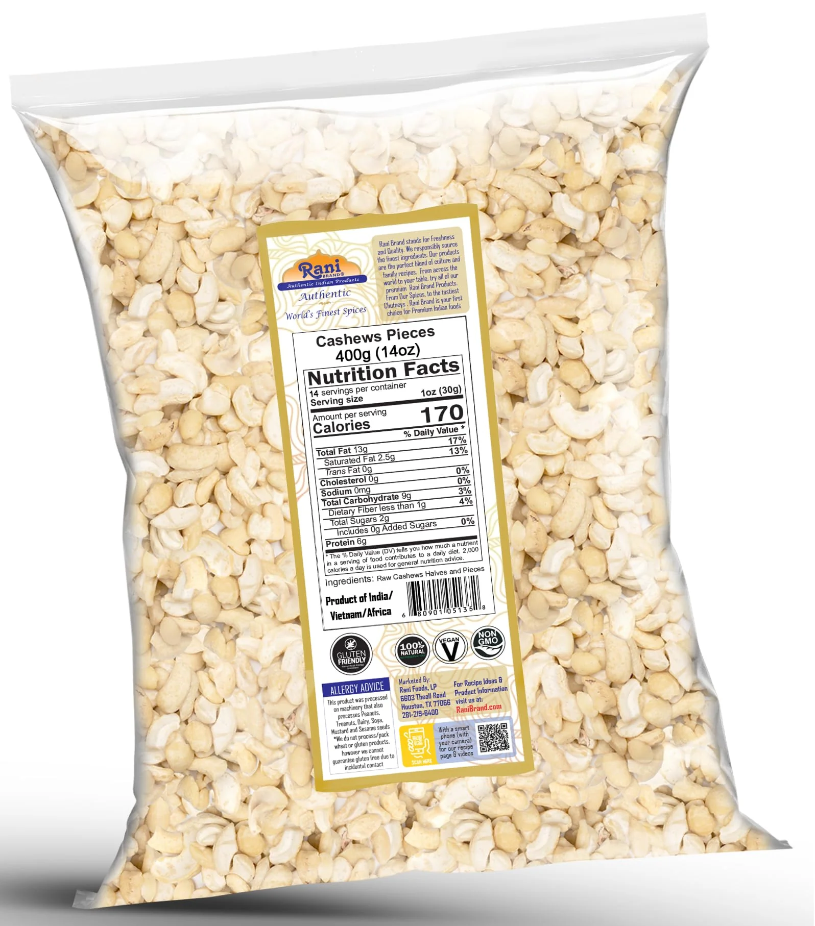 Rani Raw Cashews Halves and Pieces (uncooked, unsalted) 14oz (400g) ~ All Natural, No Preservatives | Vegan | NON-GMO | Kosher | Gluten Friendly - Image 7