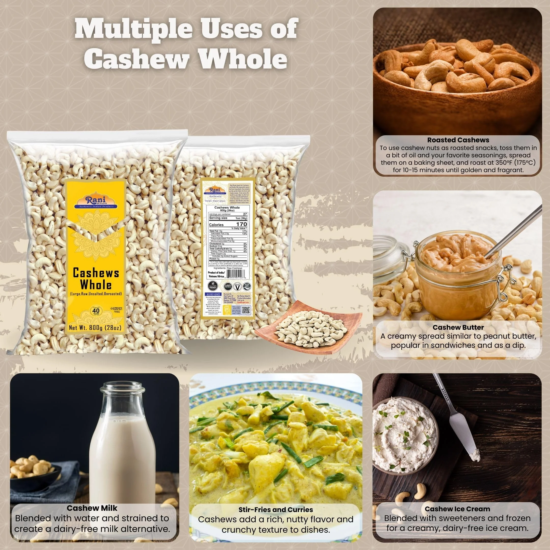 Rani Raw Cashews Whole (uncooked, unsalted) 28oz (800g) ~ All Natural, No Preservatives | Vegan | NON-GMO | Kosher | Gluten Friendly - Image 2