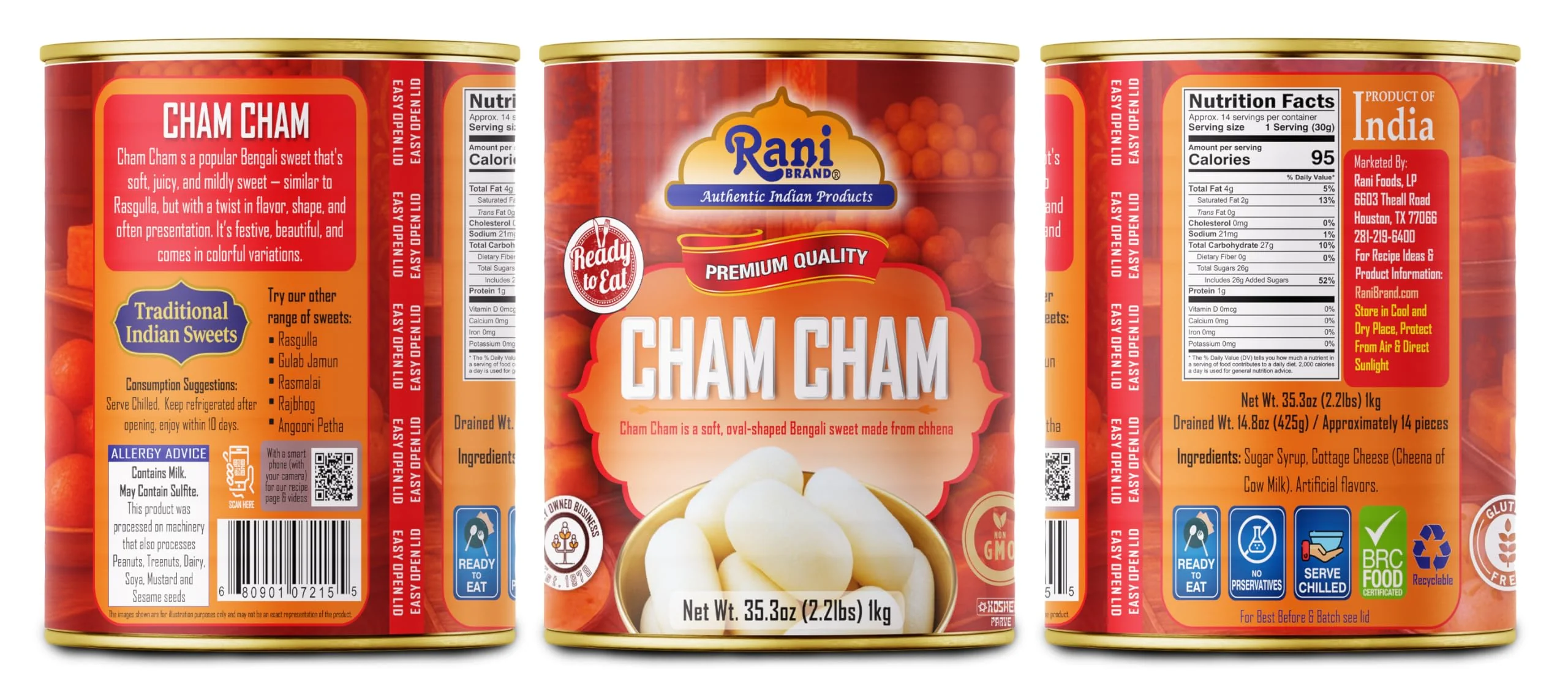 Rani Cham Cham (Oval-shaped Bengali Sweet) 35.3oz (2.2lbs) 1kg, Approximately 14 pieces, Easy Open Lid ~ Ready to eat | Gluten Free | Non-GMO | Kosher | Indian Origin - Image 9