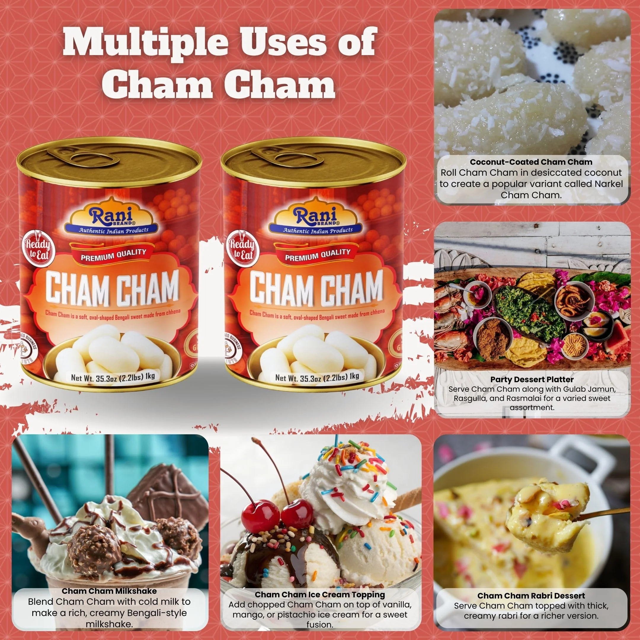Rani Cham Cham (Oval-shaped Bengali Sweet) 35.3oz (2.2lbs) 1kg, Pack of 2, Approximately 14 pieces, Easy Open Lid ~ Ready to eat | Gluten Free | Non-GMO | Kosher | Indian Origin - Image 2