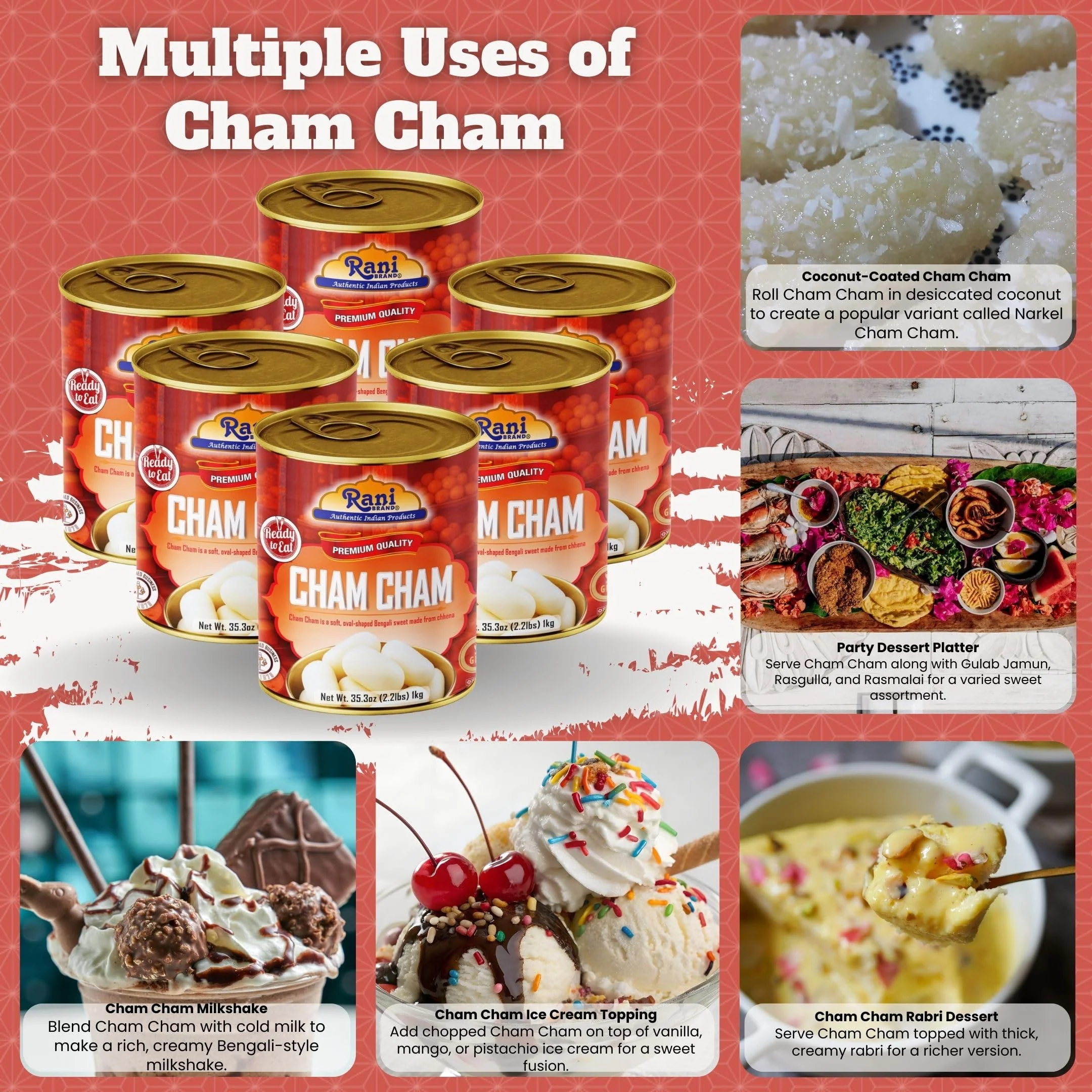 Rani Cham Cham (Oval-shaped Bengali Sweet) 35.3oz (2.2lbs) 1kg, Pack of 6, Approximately 14 pieces, Easy Open Lid ~ Ready to eat | Gluten Free | Non-GMO | Kosher | Indian Origin - Image 2