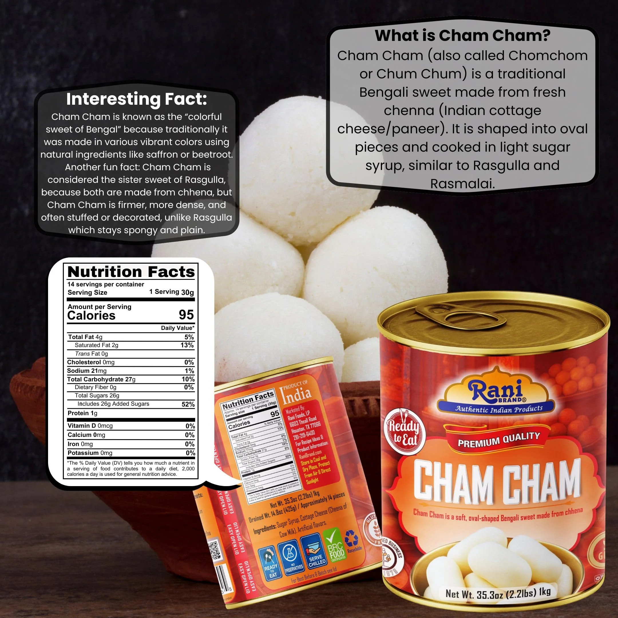 Rani Cham Cham (Oval-shaped Bengali Sweet) 35.3oz (2.2lbs) 1kg, Pack of 6, Approximately 14 pieces, Easy Open Lid ~ Ready to eat | Gluten Free | Non-GMO | Kosher | Indian Origin - Image 3