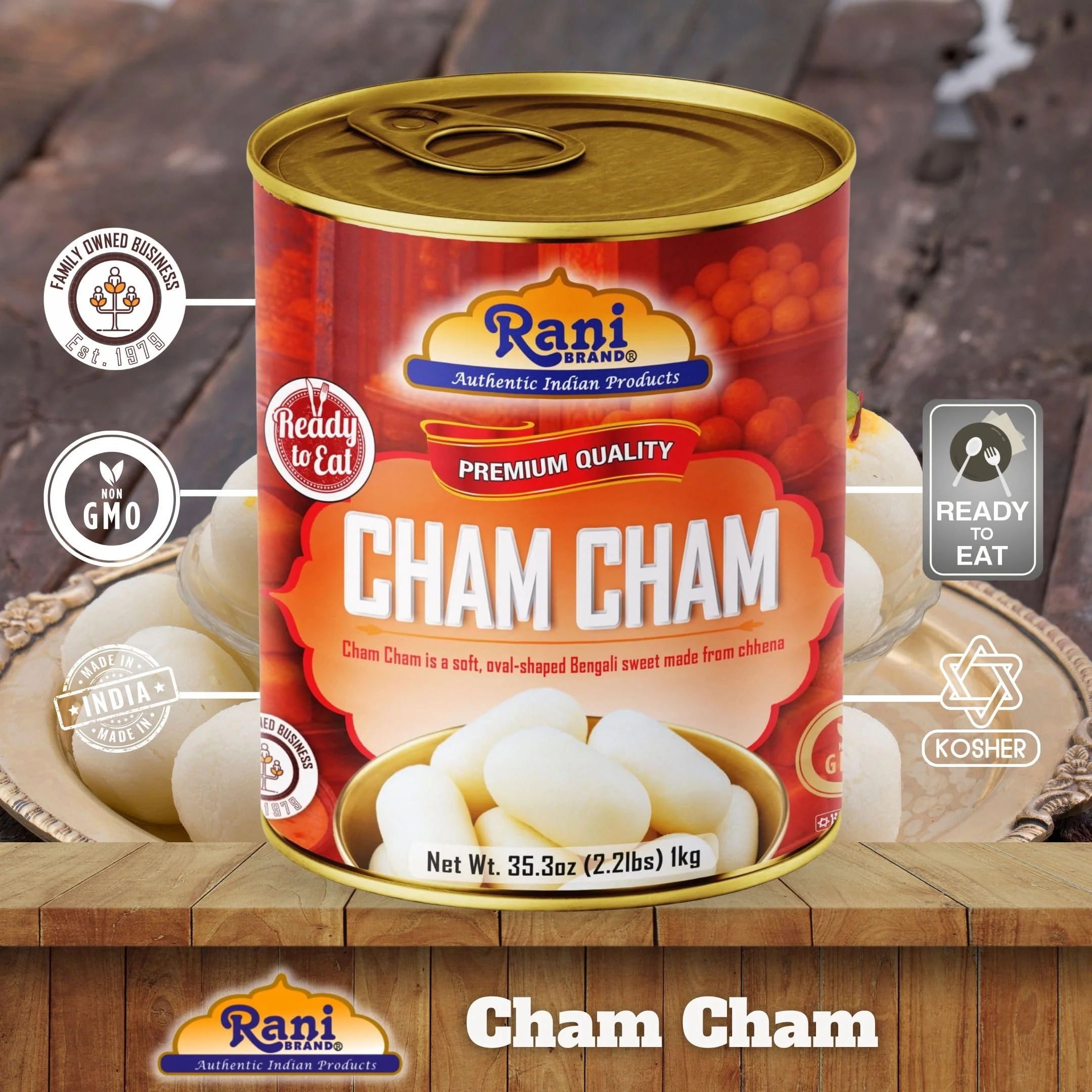 Rani Cham Cham (Oval-shaped Bengali Sweet) 35.3oz (2.2lbs) 1kg, Pack of 6, Approximately 14 pieces, Easy Open Lid ~ Ready to eat | Gluten Free | Non-GMO | Kosher | Indian Origin - Image 4