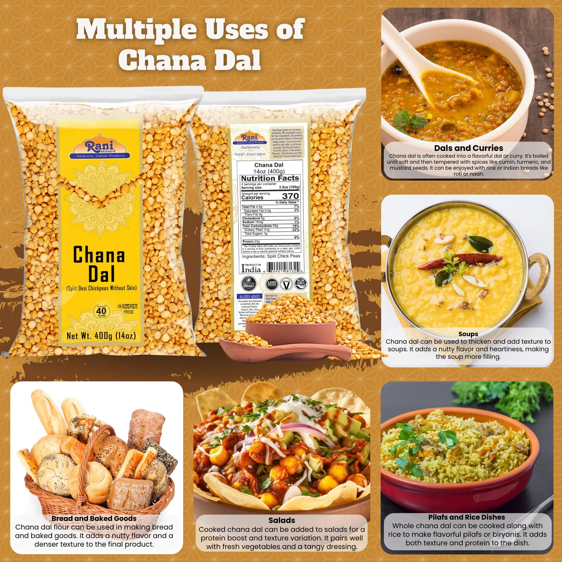 Rani Chana Dal (Split Desi Chickpeas without skin) 14oz (400g) ~ All Natural | Gluten Friendly | NON-GMO | Kosher | Vegan | Indian Origin - Image 2