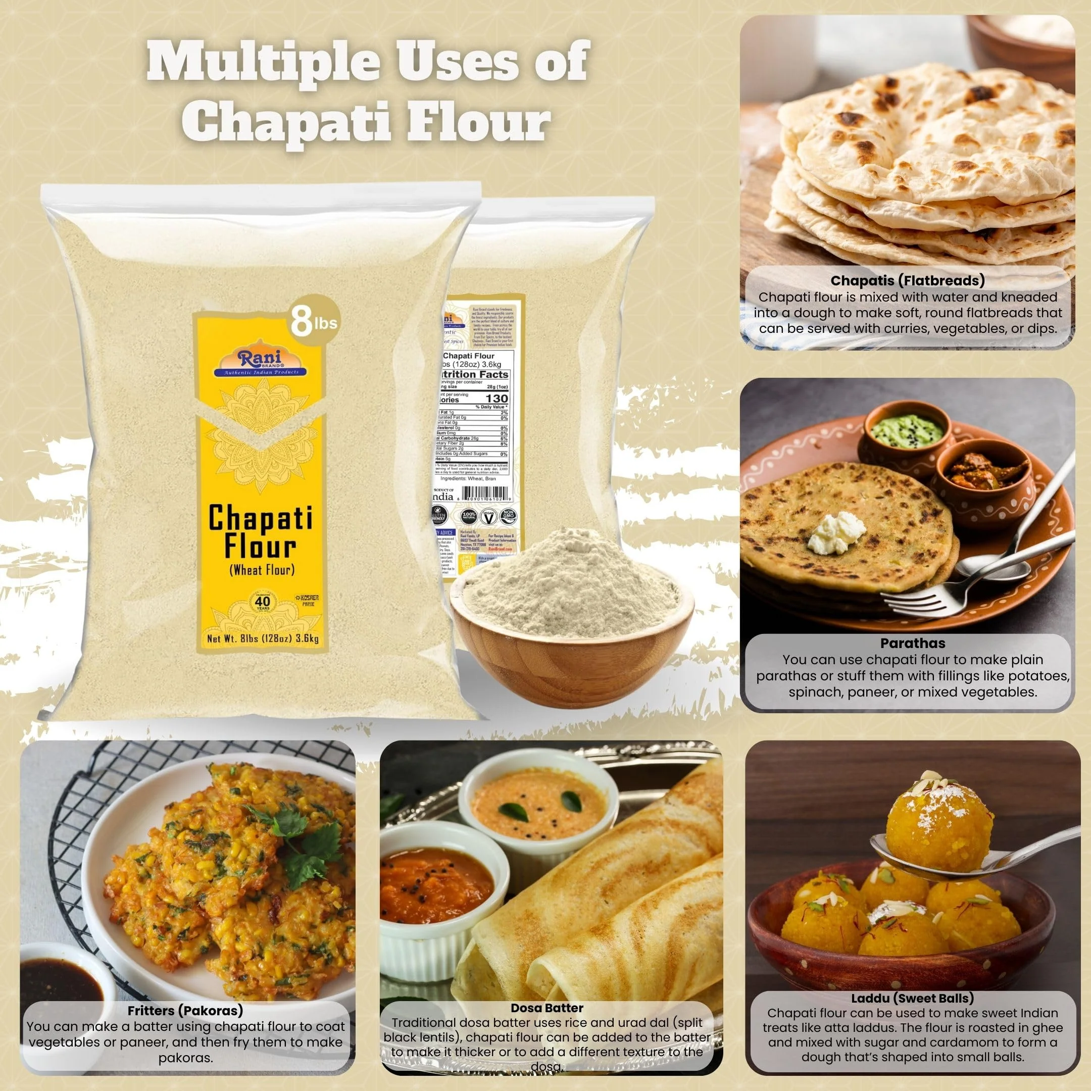 Rani Chapati Flour (100% Pure Whole Wheat Atta), For Making Roti & Indian Breads 128oz (8lbs) 3.63kg Bulk ~ All Natural | Vegan | No Salt or Colors | NON-GMO | Kosher | Indian Origin - Image 2