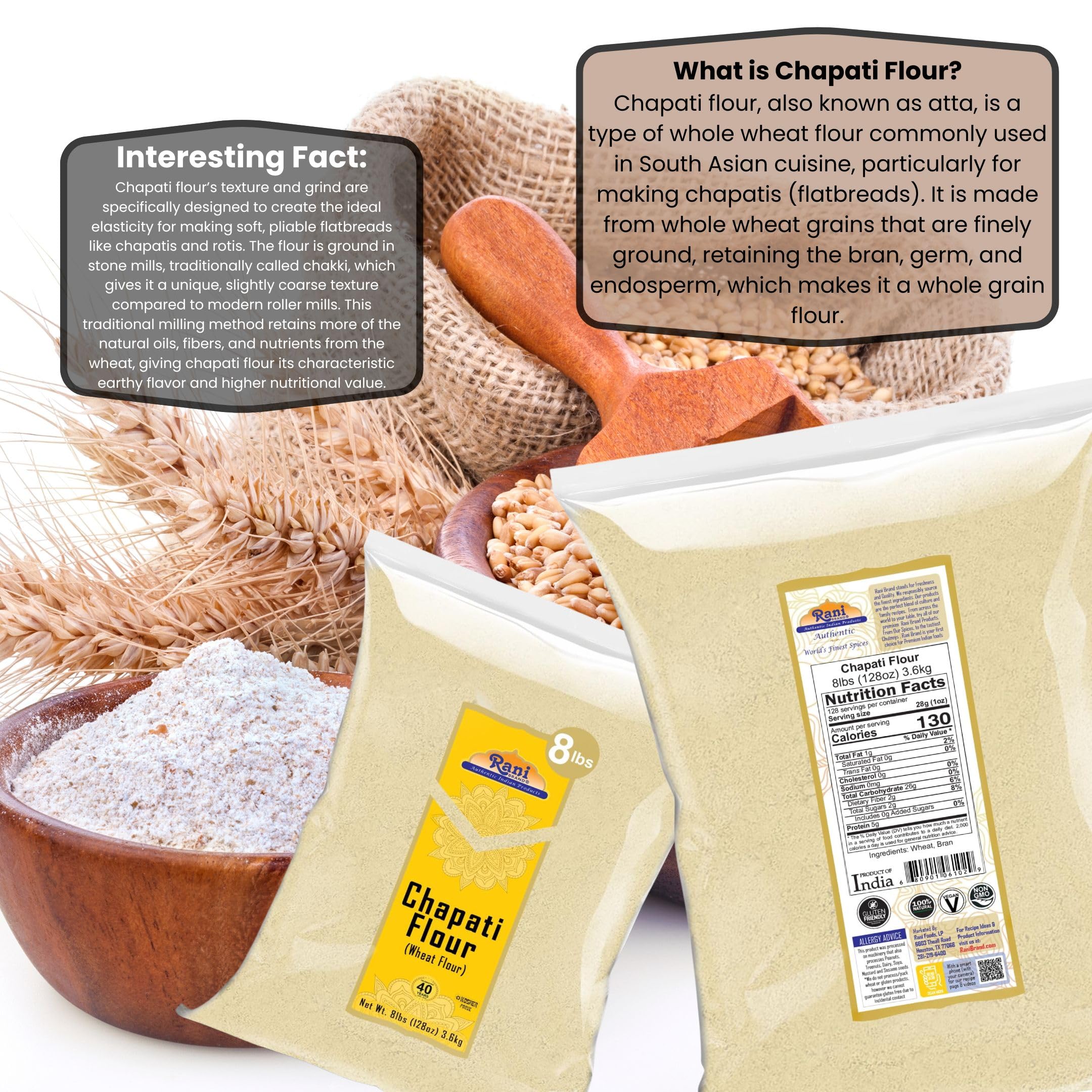 Rani Chapati Flour (100% Pure Whole Wheat Atta), For Making Roti & Indian Breads 128oz (8lbs) 3.63kg Bulk ~ All Natural | Vegan | No Salt or Colors | NON-GMO | Kosher | Indian Origin - Image 4