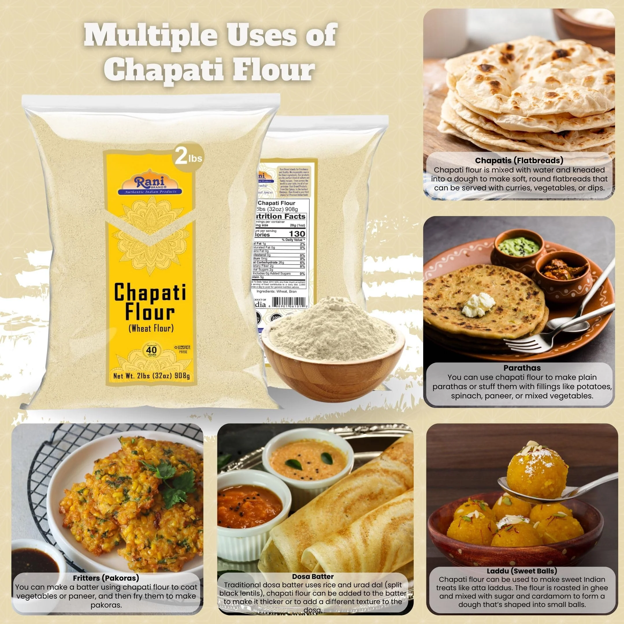Rani Chapati Flour (100% Pure Whole Wheat Atta), For Making Roti & Indian Breads 32oz (2lbs) 908g ~ All Natural | Vegan | No Salt or Colors | NON-GMO | Kosher | Indian Origin - Image 2