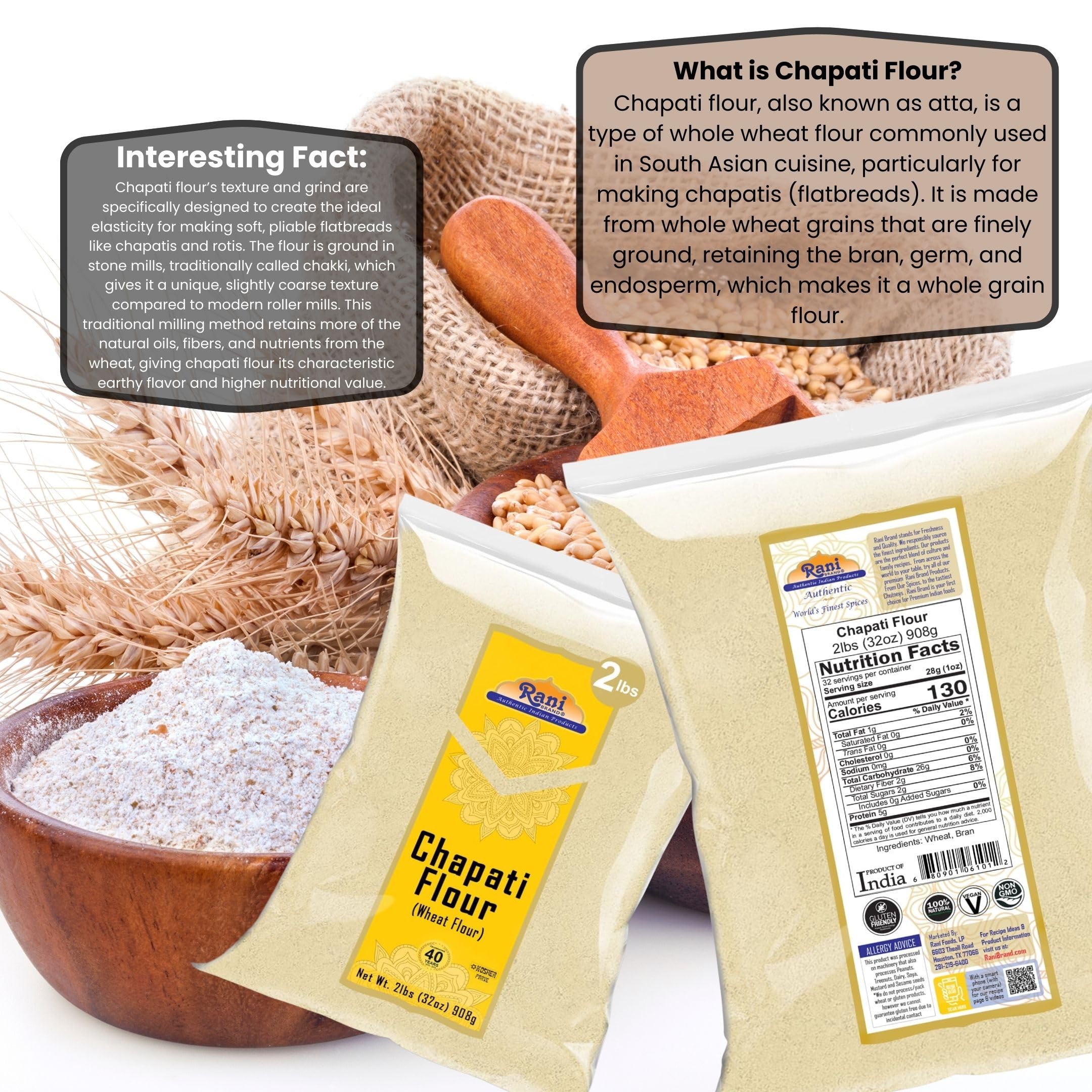 Rani Chapati Flour (100% Pure Whole Wheat Atta), For Making Roti & Indian Breads 32oz (2lbs) 908g ~ All Natural | Vegan | No Salt or Colors | NON-GMO | Kosher | Indian Origin - Image 3