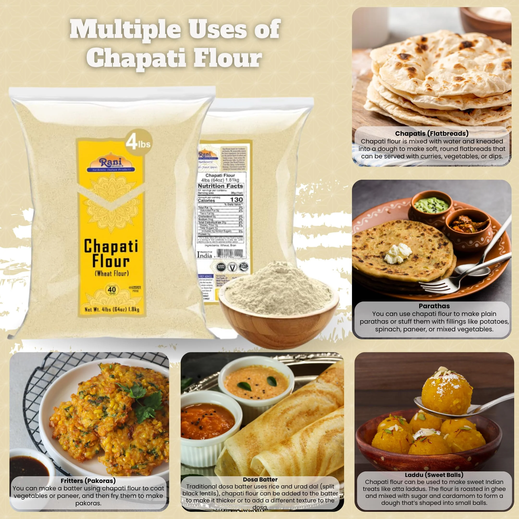 Rani Chapati Flour (100% Pure Whole Wheat Chakki Atta), For Making Roti & Indian Breads 64oz (4lbs) 1.81kg Bulk ~ All Natural | Vegan | No Salt or Colors | NON-GMO | Kosher | Indian Origin - Image 2