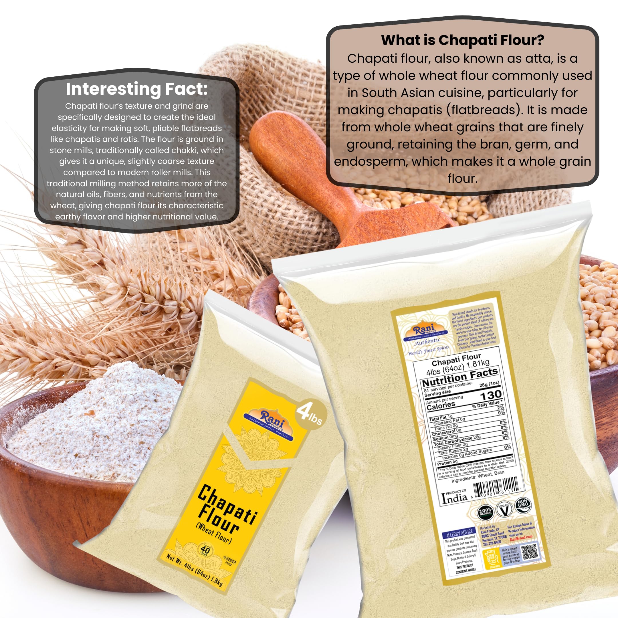 Rani Chapati Flour (100% Pure Whole Wheat Chakki Atta), For Making Roti & Indian Breads 64oz (4lbs) 1.81kg Bulk ~ All Natural | Vegan | No Salt or Colors | NON-GMO | Kosher | Indian Origin - Image 3