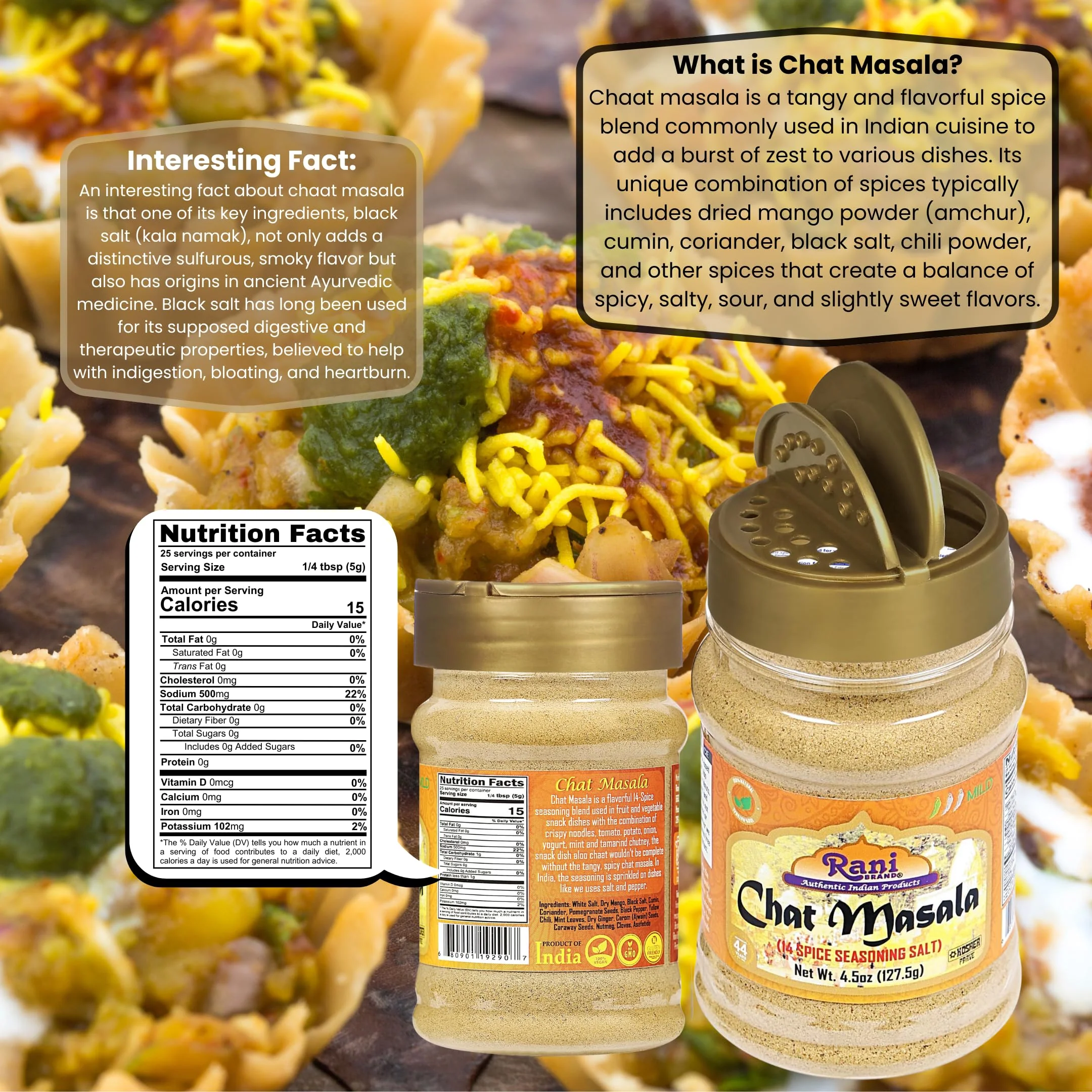 Rani Chat Masala (14 Spice Seasoning Salt) Tangy Indian Seasoning 4.5oz (127.5g) PET Jar ~ All Natural | No MSG | Kosher | Vegan | No Colors | Gluten Friendly - Image 3