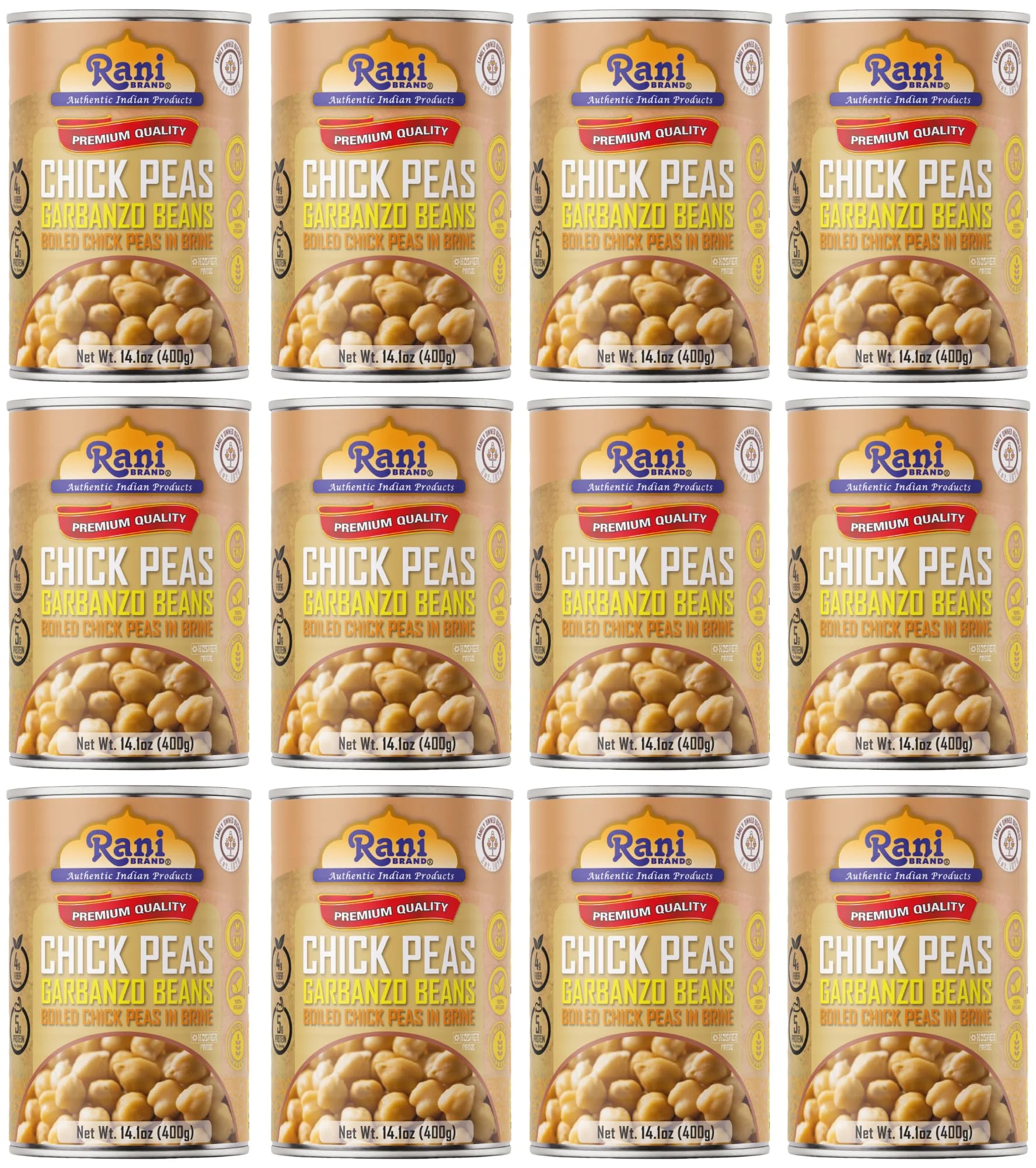 Rani Chick Peas, Garbanzo Beans (Boiled Chick Peas in Brine) Kabuli Chana 14oz (400g) Pack of 12 ~ Easy Open Can | All Natural | Vegan | Gluten Friendly | NON-GMO | Kosher | Indian Origin