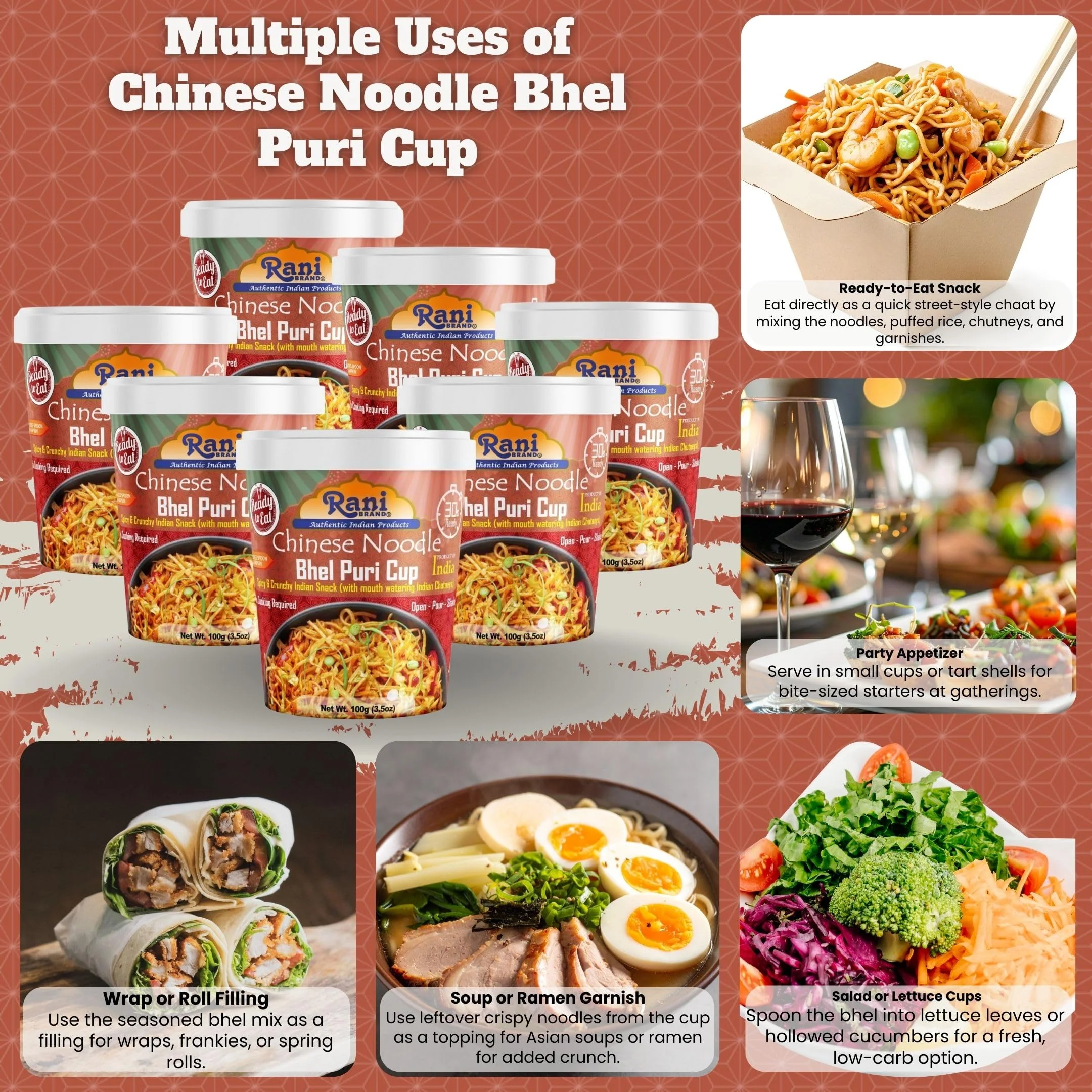 Rani Chinese Noodle Bhel Puri Cup (Spicy & Crunchy Indian Snack w/mouth watering Indian Chutneys) 3.5oz (100g), Pack of 6+1 FREE ~ Ready to Eat | Vegan | NON-GMO | Indian Origin - Image 2