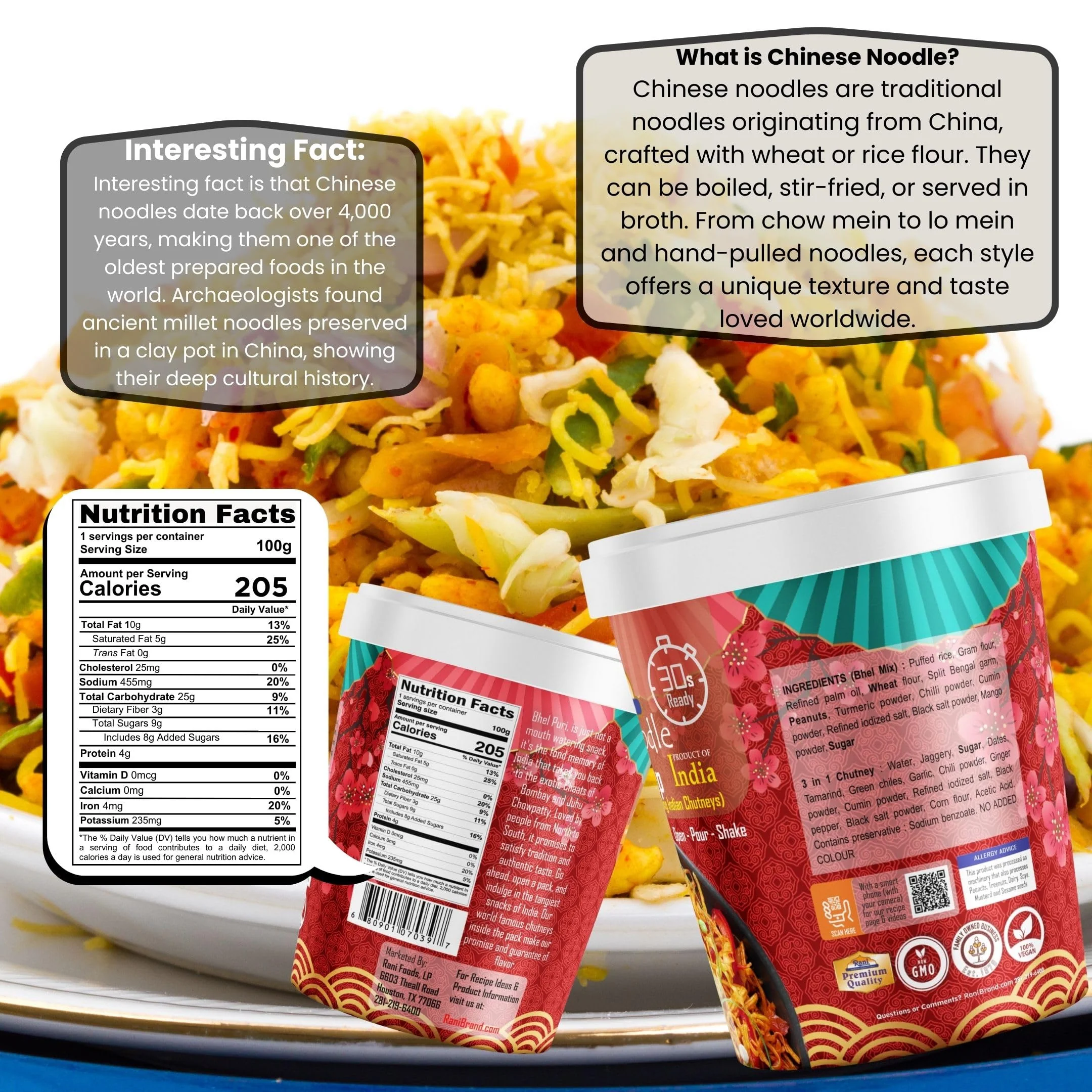 Rani Chinese Noodle Bhel Puri Cup (Spicy & Crunchy Indian Snack w/mouth watering Indian Chutneys) 3.5oz (100g), Pack of 4 ~ Ready to Eat | Vegan | NON-GMO | Indian Origin - Image 3