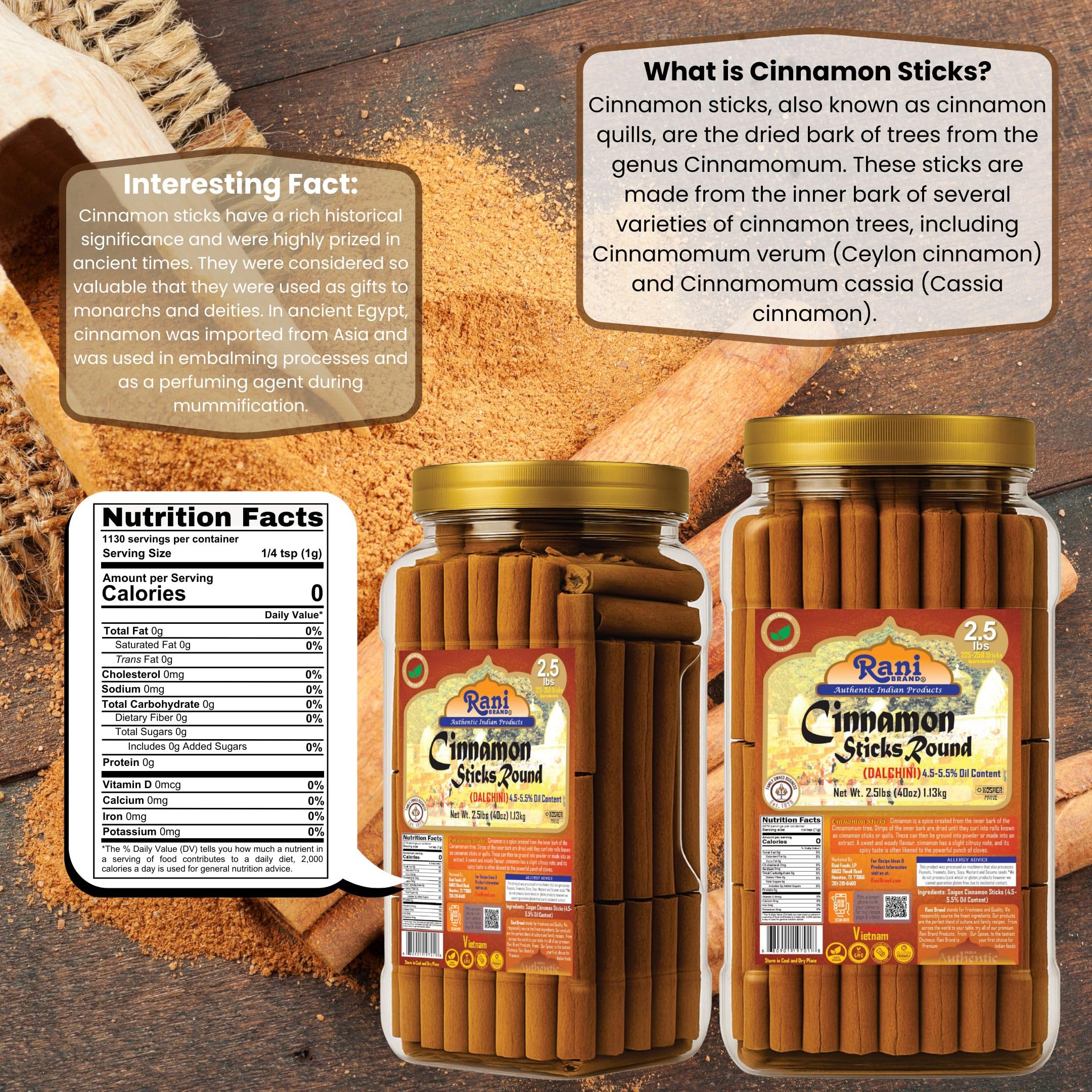 Rani Cinnamon Sticks 40oz (2.5lbs) 1.13kg Bulk PET Jar - 220 -250 Sticks - Strong Aroma, Perfect for Baking, Cooking & Beverages | 3+ Inches Length - Cassia Saigon Cinnamon from Vietnam | Kosher - Image 3