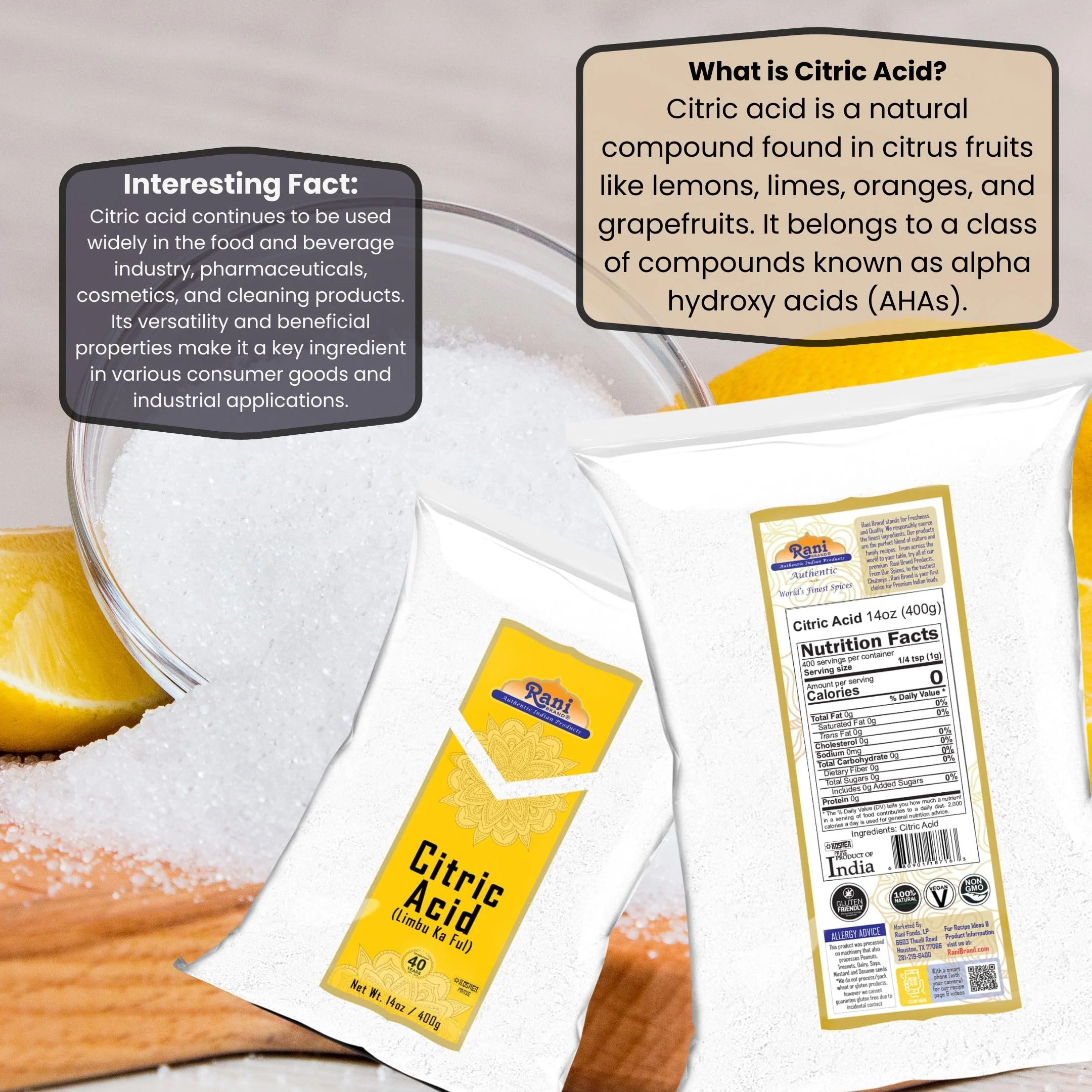 Rani Citric Acid Powder, Food Grade (Limbu Ka Ful) 14oz (400g) ~ Used for Cooking, Bath Bombs, Cleaning | Gluten Friendly | Indian Origin100g) ~ Used for Cooking, Bath Bombs, Cleaning | Gluten Friendly | Indian Origin - Image 3