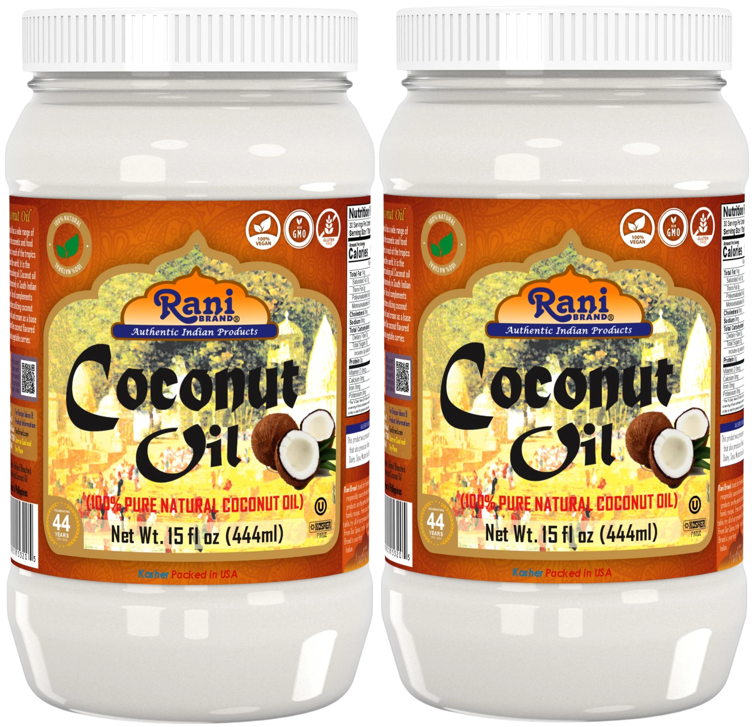Rani Coconut Oil (100% Pure Natural Coconut Oil) 15 fl oz (444ml) Pack of 2, Cold Pressed, NON-GMO | Gluten Free | Kosher | Vegan | 100% Natural | Packed in USA