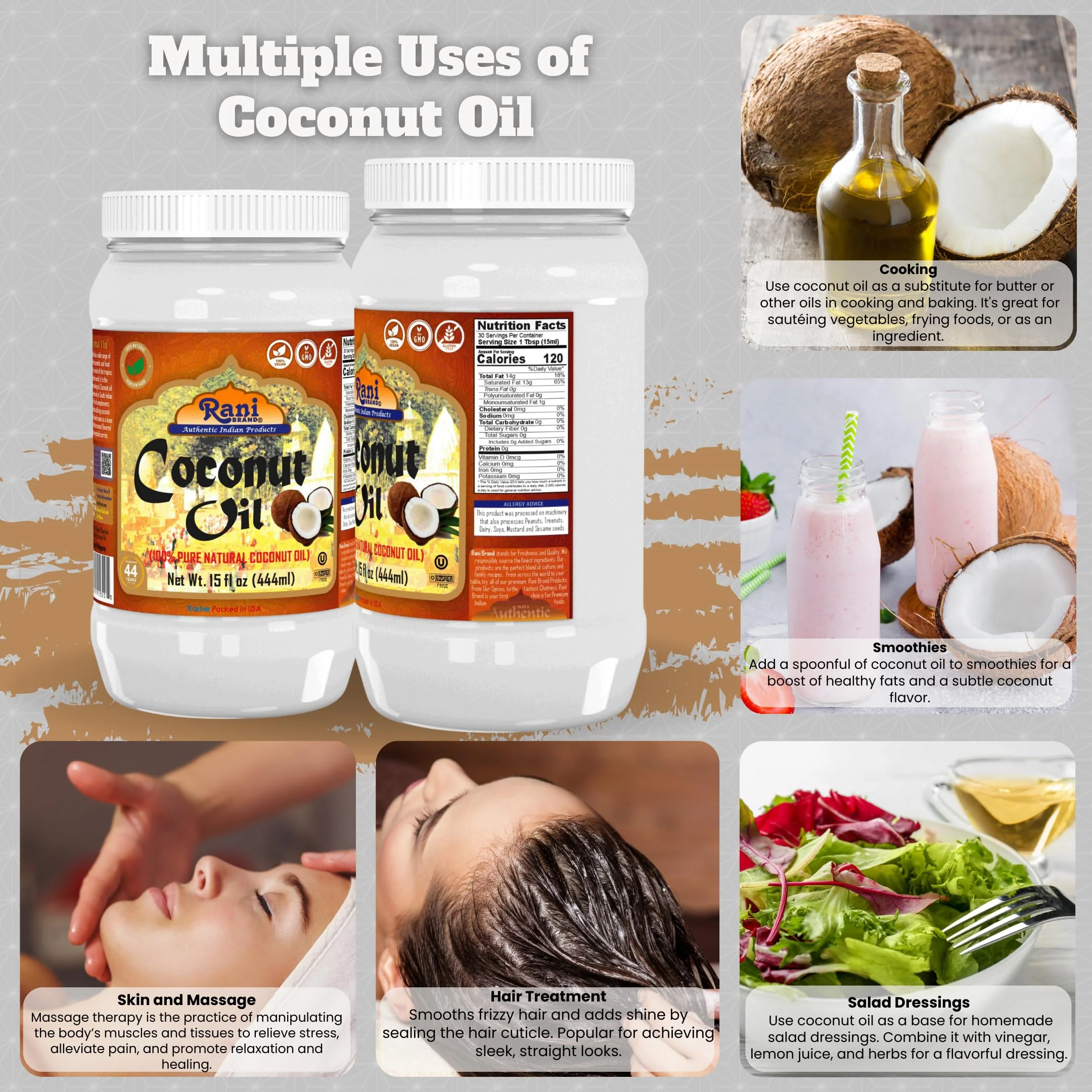 Rani Coconut Oil (100% Pure Natural Coconut Oil) 15 fl oz (444ml) Pack of 2, Cold Pressed, NON-GMO | Gluten Free | Kosher | Vegan | 100% Natural | Packed in USA - Image 2
