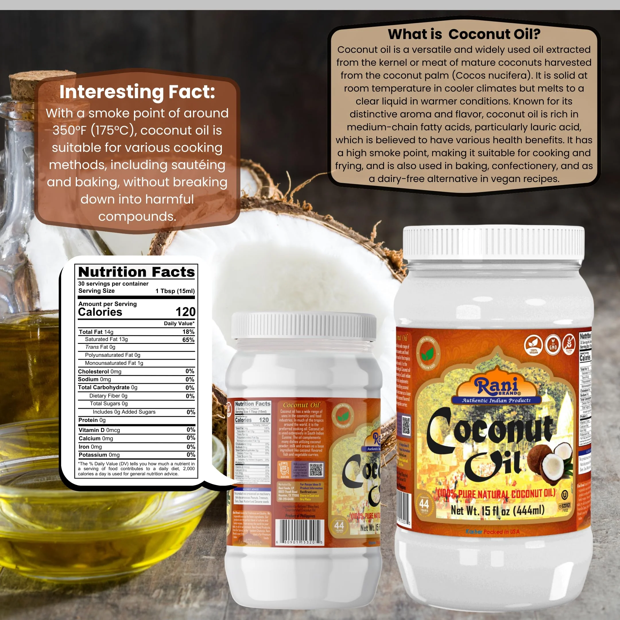 Rani Coconut Oil (100% Pure Natural Coconut Oil) 15 fl oz (444ml) Pack of 2, Cold Pressed, NON-GMO | Gluten Free | Kosher | Vegan | 100% Natural | Packed in USA - Image 3