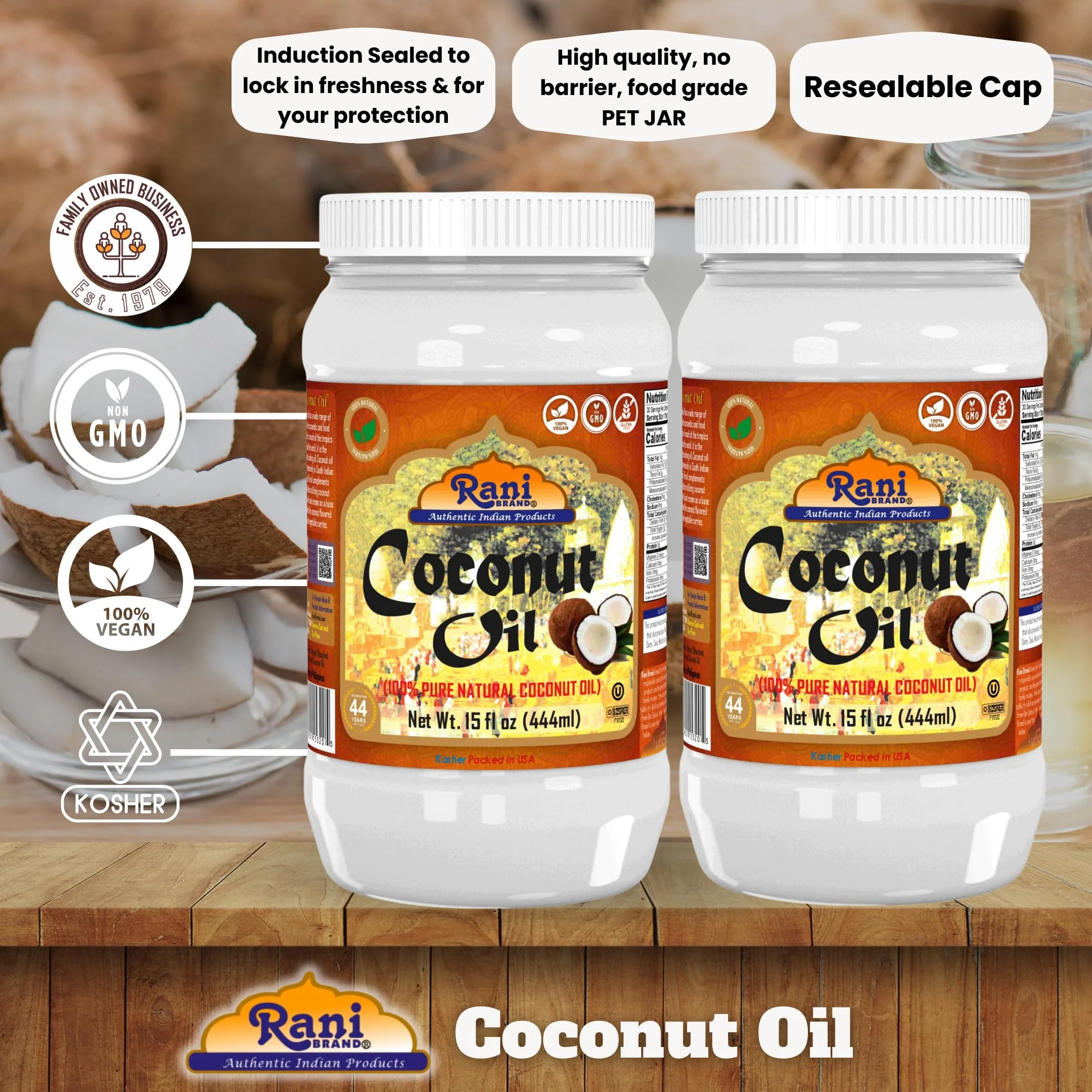 Rani Coconut Oil (100% Pure Natural Coconut Oil) 15 fl oz (444ml) Pack of 2, Cold Pressed, NON-GMO | Gluten Free | Kosher | Vegan | 100% Natural | Packed in USA - Image 4