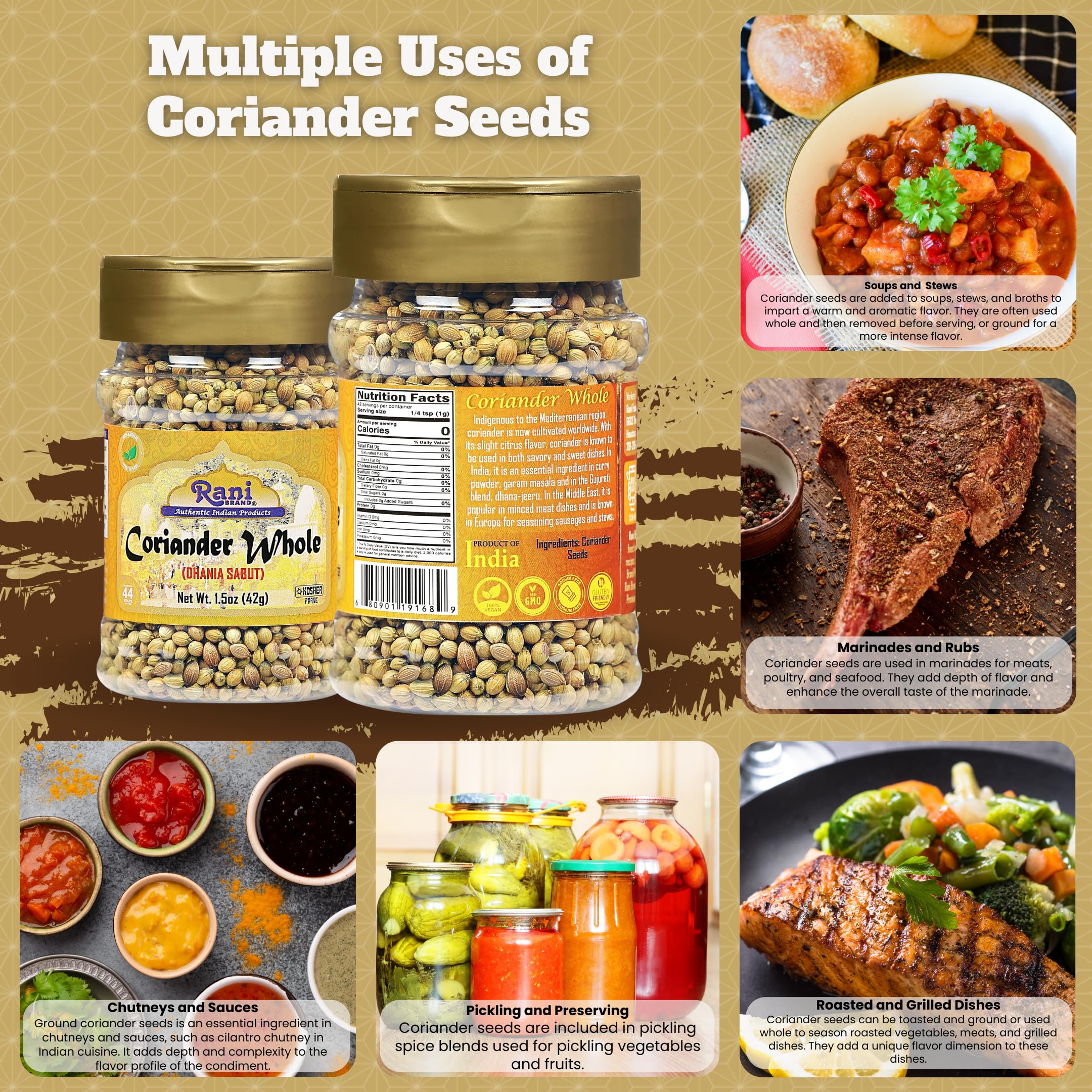Rani Coriander (Dhania) Seeds Whole, Indian Spice 1.5oz (42g) PET Jar ~ All Natural | Gluten Friendly | NON-GMO | Vegan | Kosher | Indian Origin - Image 2