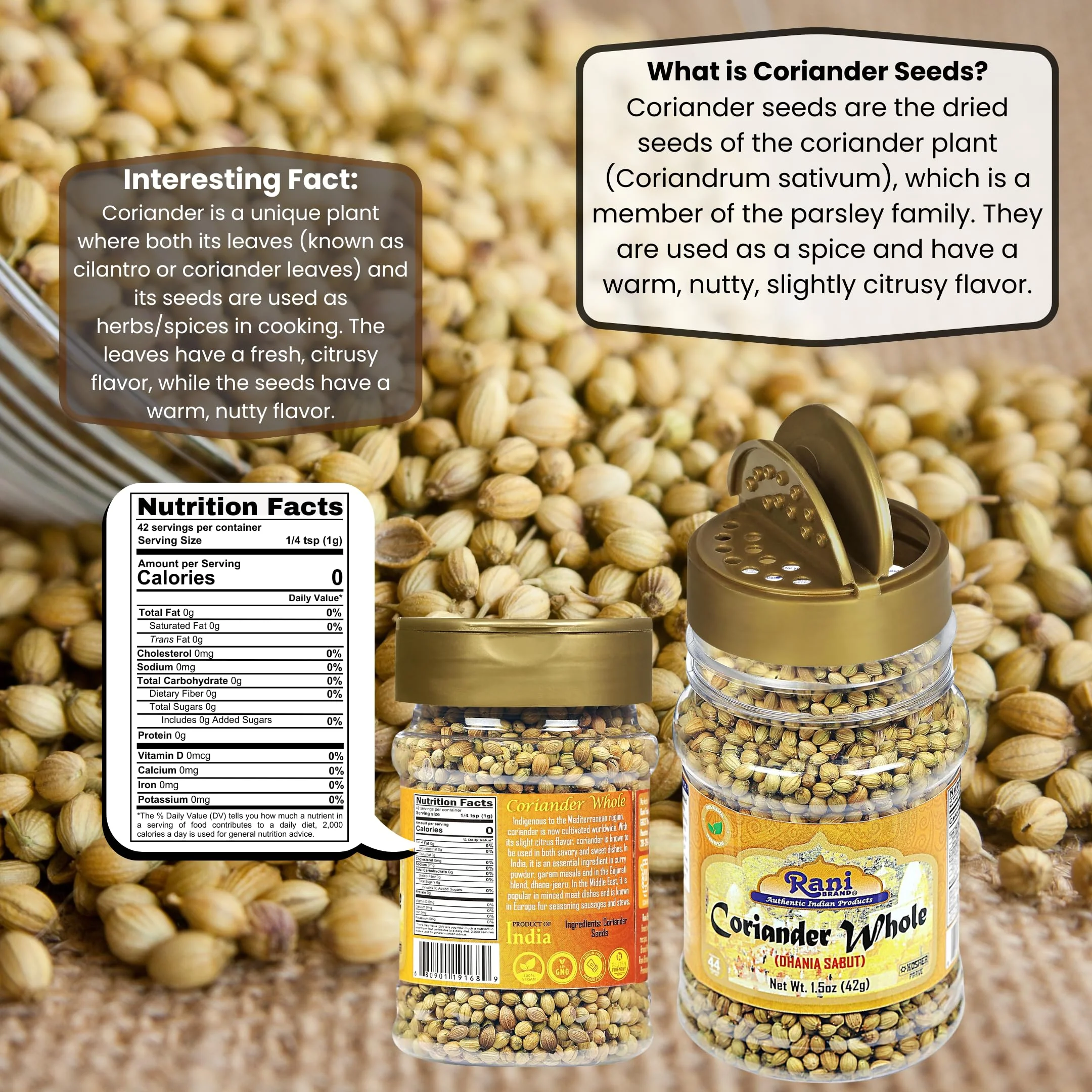 Rani Coriander (Dhania) Seeds Whole, Indian Spice 1.5oz (42g) PET Jar ~ All Natural | Gluten Friendly | NON-GMO | Vegan | Kosher | Indian Origin - Image 3