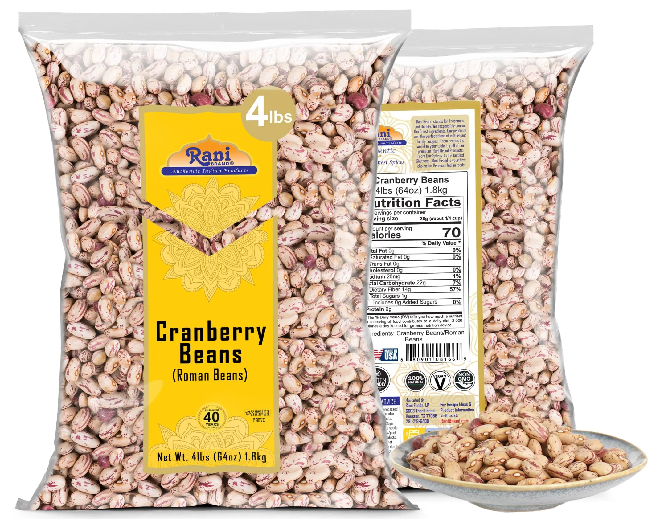 Rani Cranberry Beans (Thull Rajma) 64oz (4lbs) 1.81kg Bulk ~ All Natural | Vegan | Gluten Friendly | NON-GMO | Kosher | Product of USA - Image 3
