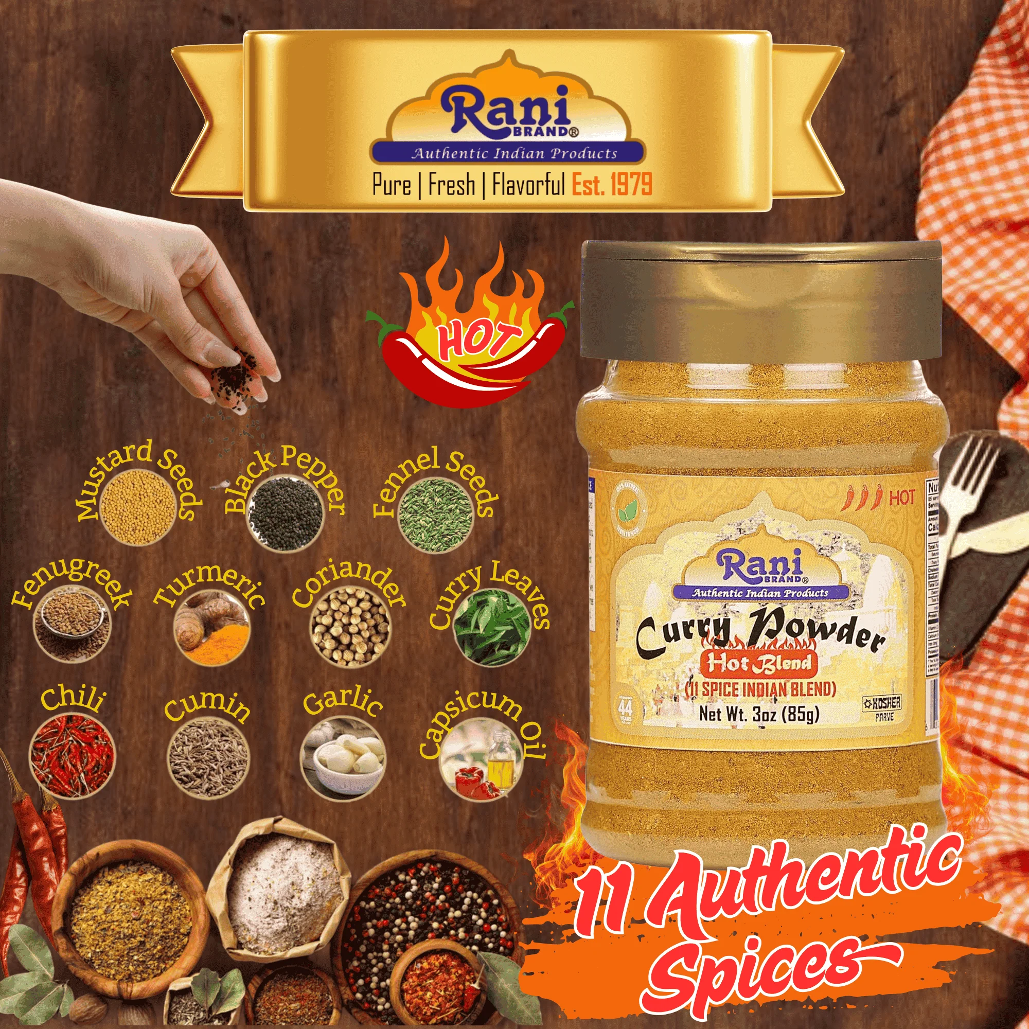 Rani Curry Powder Hot Natural 11-Spice Blend 3oz (85g) PET Jar ~ Salt Free | Vegan | Gluten Friendly | NON-GMO | Kosher | Indian Origin - Image 2