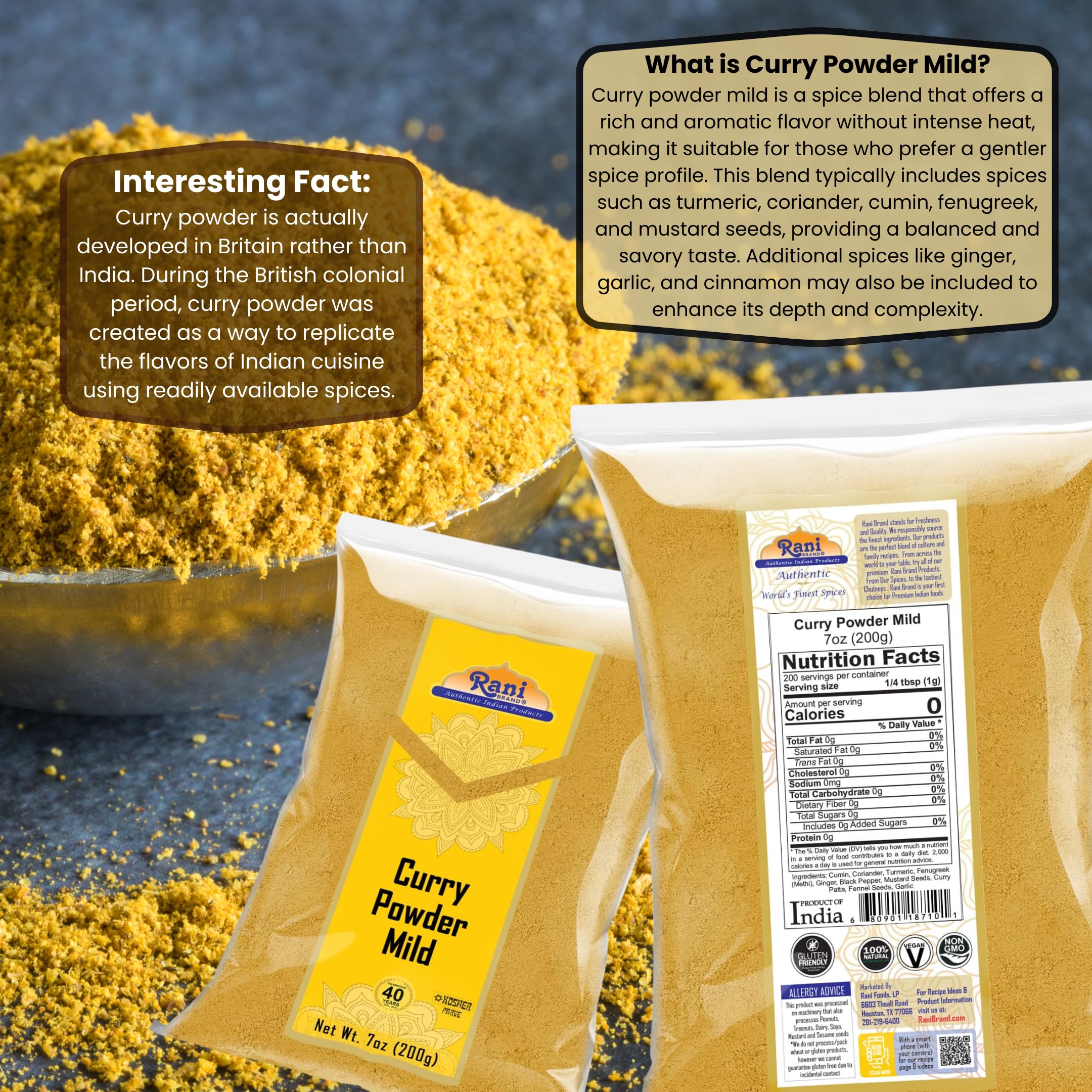 Rani Curry Powder Mild Natural 10-Spice Blend 200g (7oz) ~ Salt Free | Vegan | No Colors | Gluten Friendly | NON-GMO | Kosher | NO Chili or Peppers - Image 3