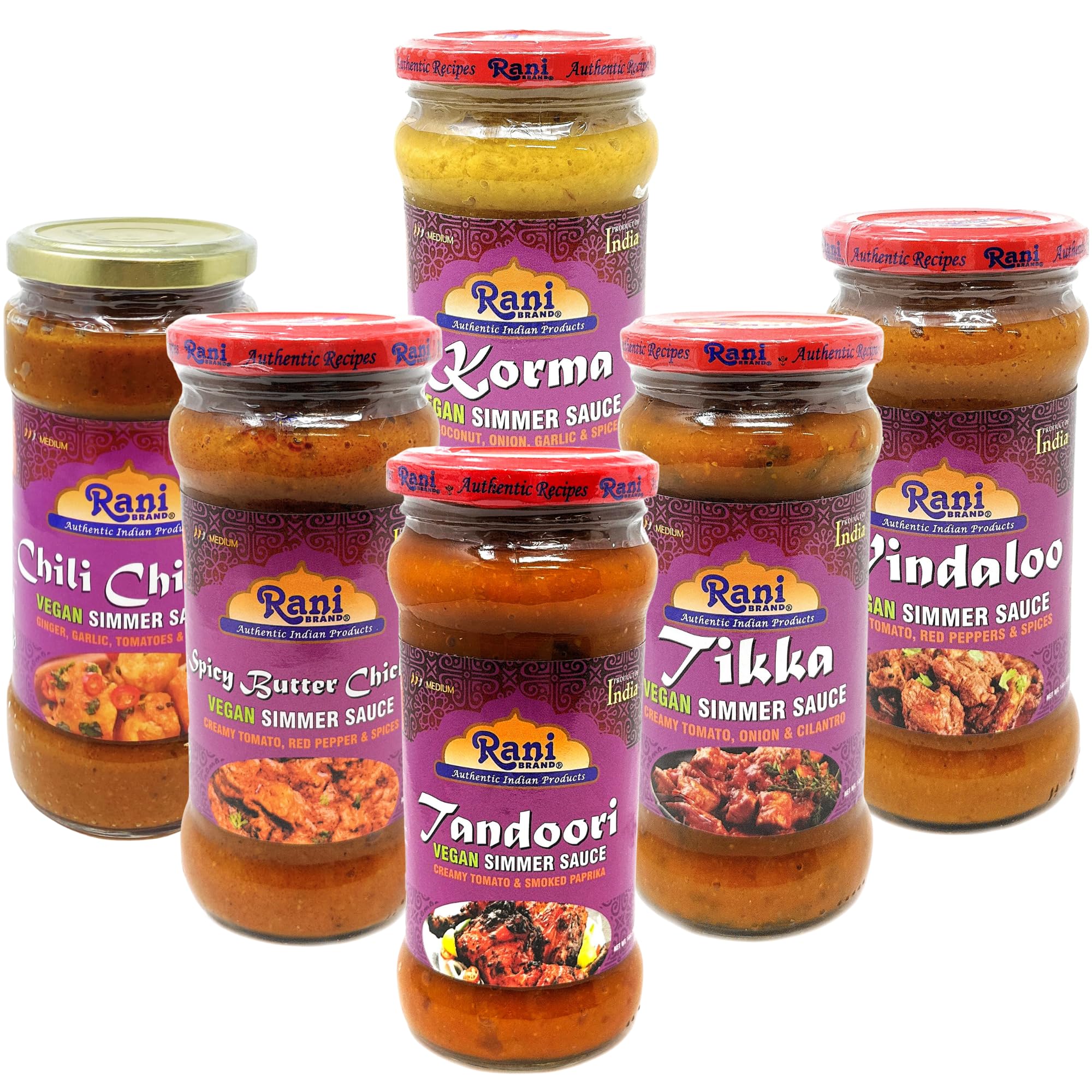Rani Curry Vegan Simmer Sauces 6-Pack Variety (Tandoori, Tikka, Vindaloo, Korma, Chilli Chicken, Spicy Butter Chicken) 14oz (400g) Glass Jar ~ Easy to Use | All Natural | Gluten Free | Indian Origin