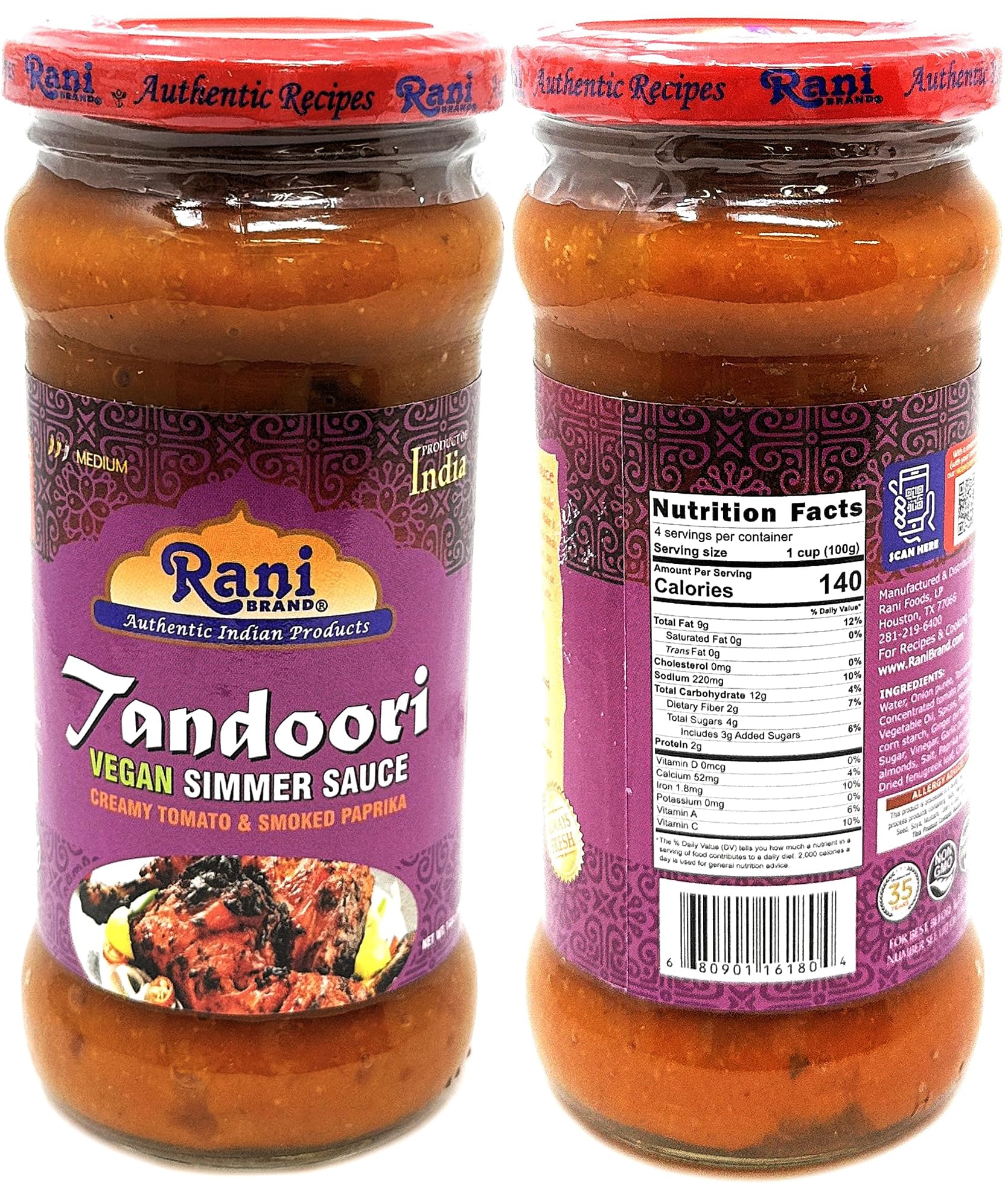 Rani Curry Vegan Simmer Sauces 6-Pack Variety (Tandoori, Tikka, Vindaloo, Korma, Chilli Chicken, Spicy Butter Chicken) 14oz (400g) Glass Jar ~ Easy to Use | All Natural | Gluten Free | Indian Origin - Image 3