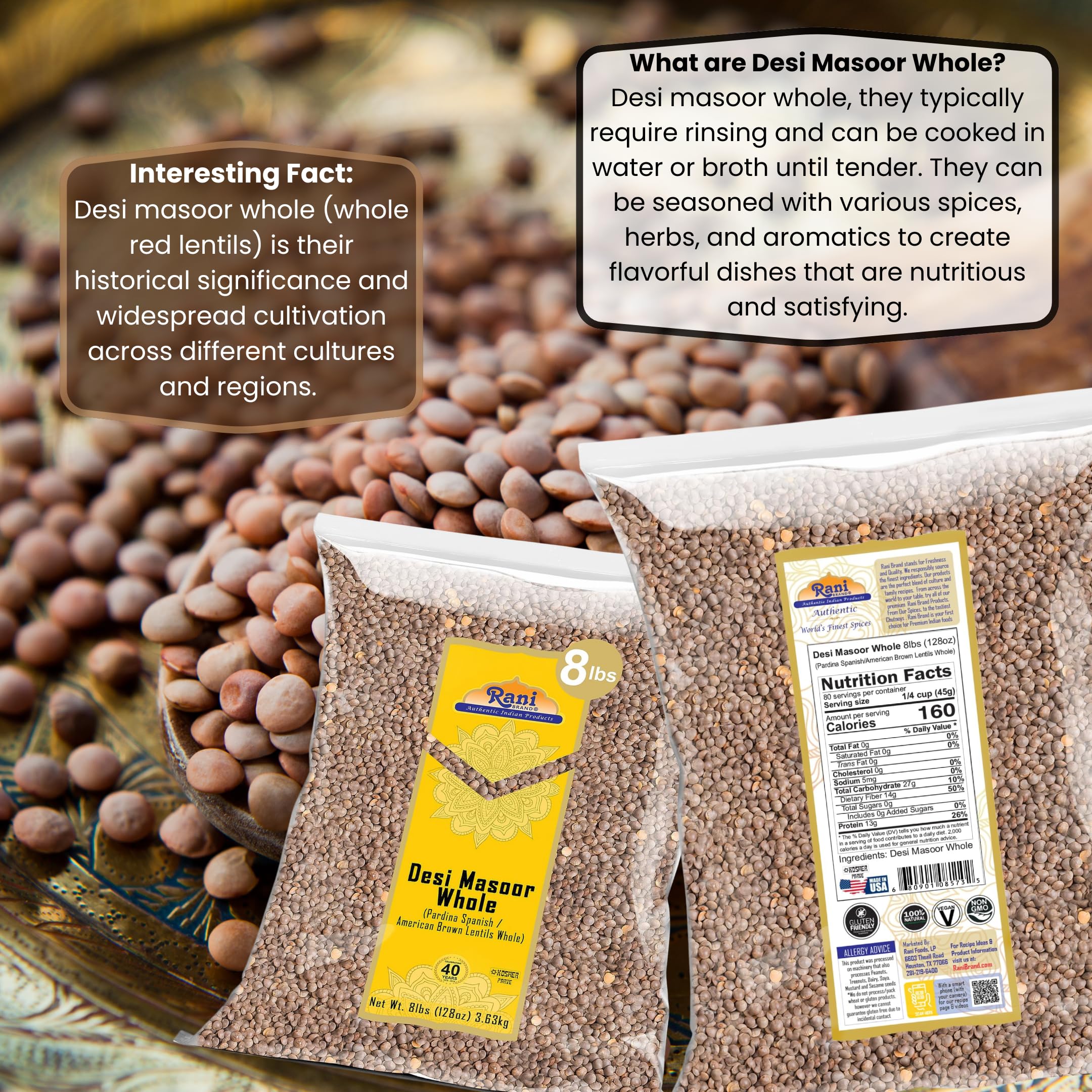 Rani Desi Masoor (Masur) Whole 128oz (8lbs) 3.63kg (aka. Pardina Spanish / American Brown Lentils Whole) Bulk ~ All Natural | Vegan | Kosher | Gluten Friendly | Product of USA - Image 3