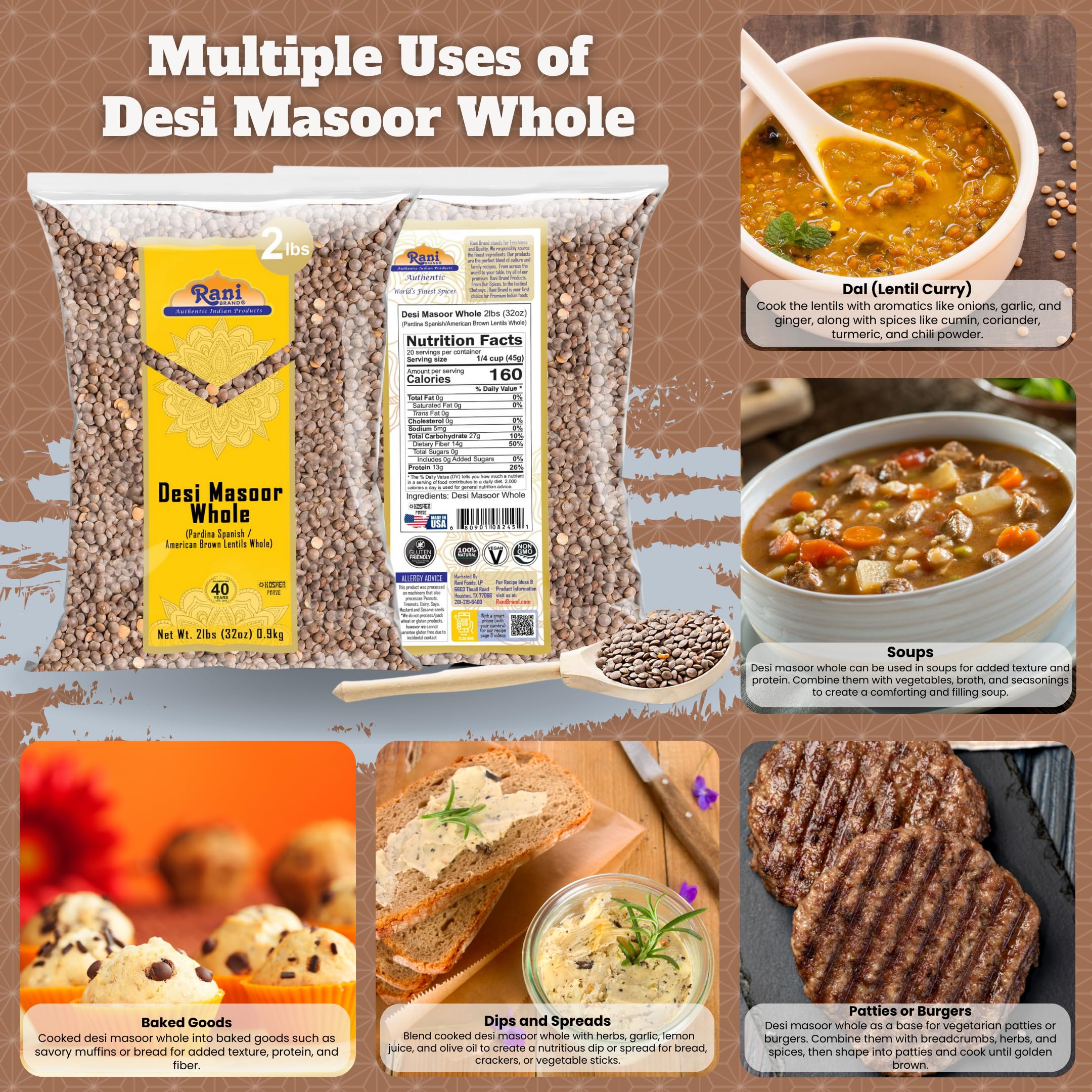 Rani Desi Masoor (Masur) Whole 32oz (2lbs) 907g (aka. Pardina Spanish) ~ All Natural | Vegan | Kosher | Gluten Friendly | Product of USA - Image 2