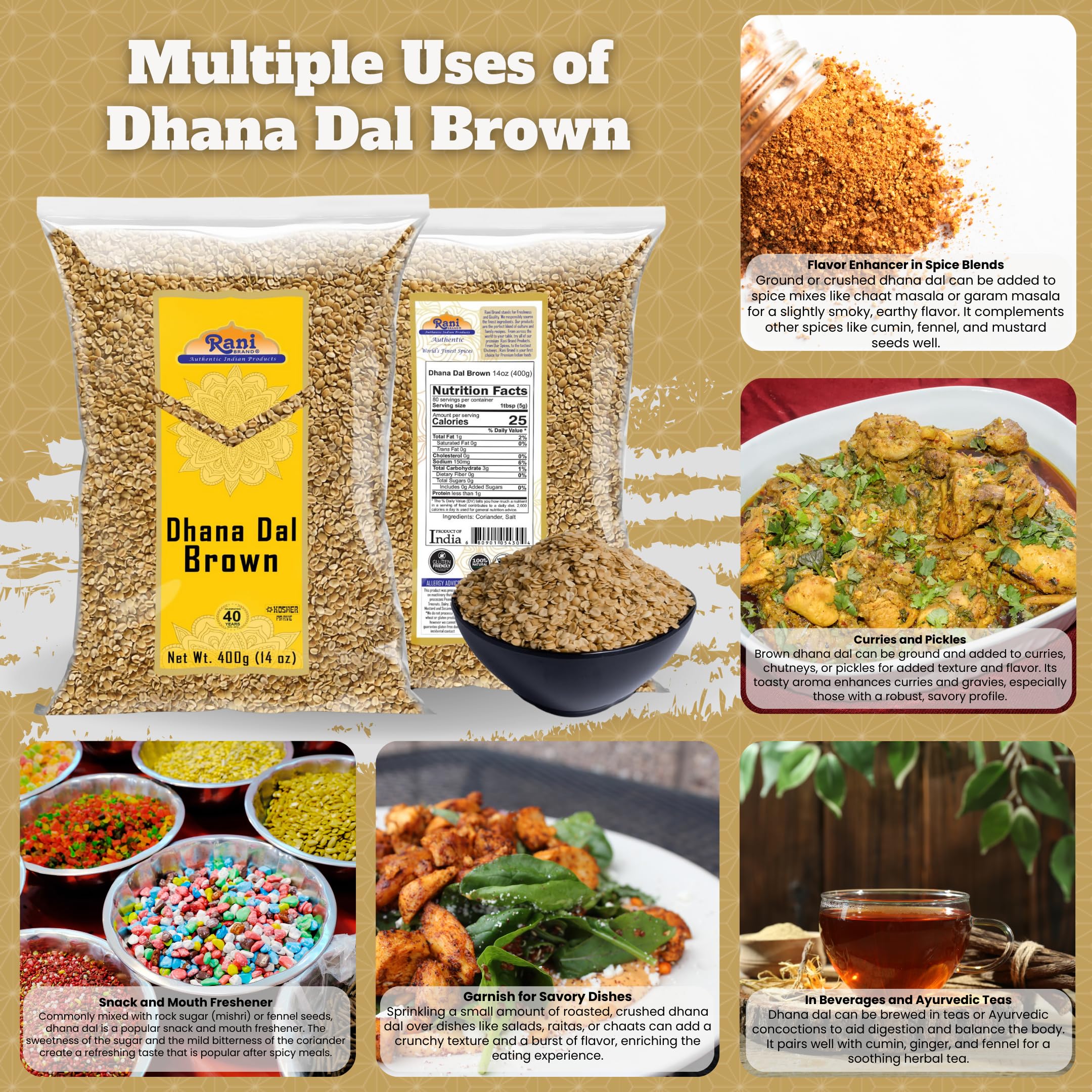 Rani Dhana Dal (Roasted Coriander Seeds) Brown 14oz (400g) ~ All Natural | Vegan | No Colors | Gluten Friendly | NON-GMO | Kosher | Indian Origin - Image 2