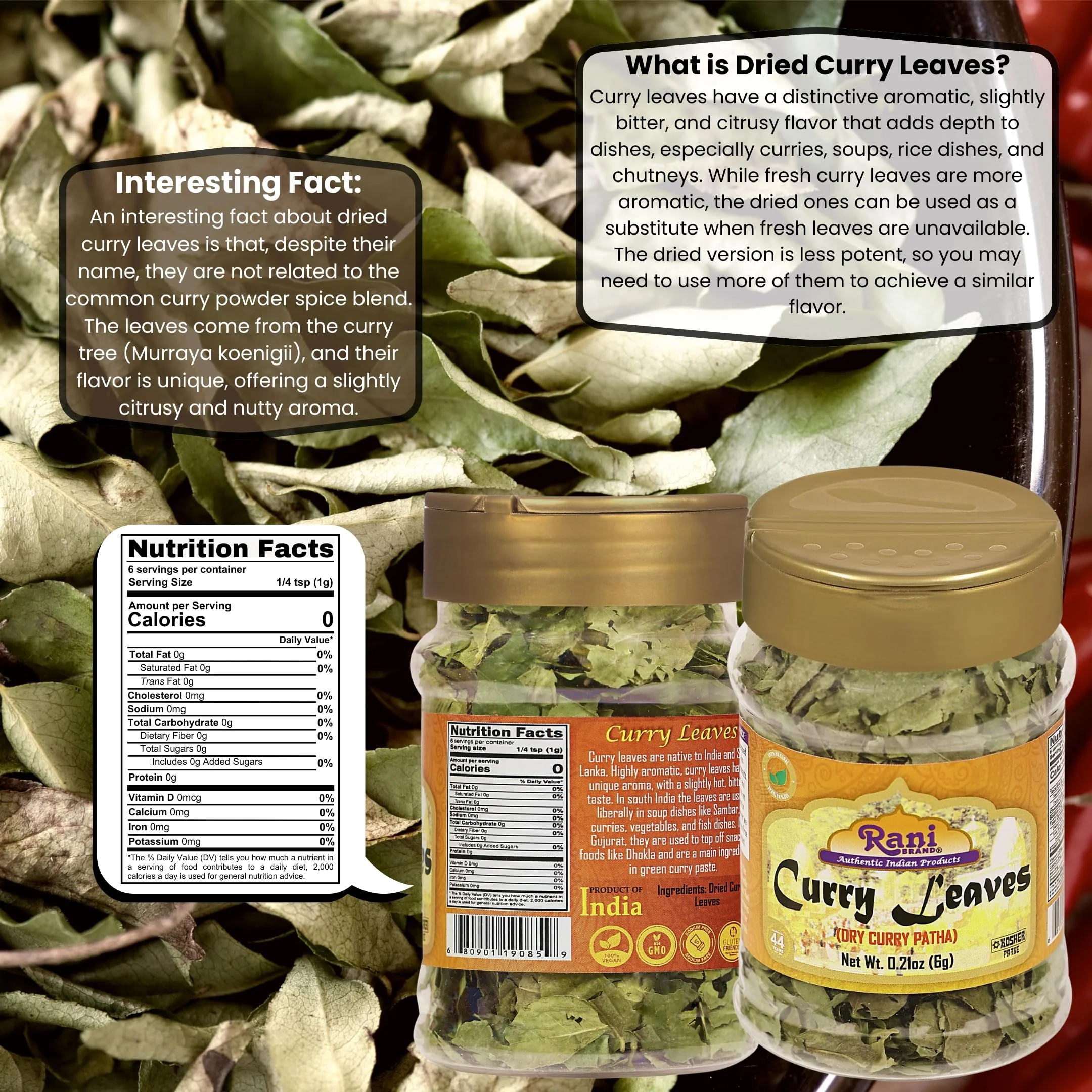 Rani Dried Curry Whole Leaves (Kari Neem Patha) Indian Spice 0.21oz (6g) ~ All Natural | Vegan | Gluten Friendly | NON-GMO | Kosher - Image 3