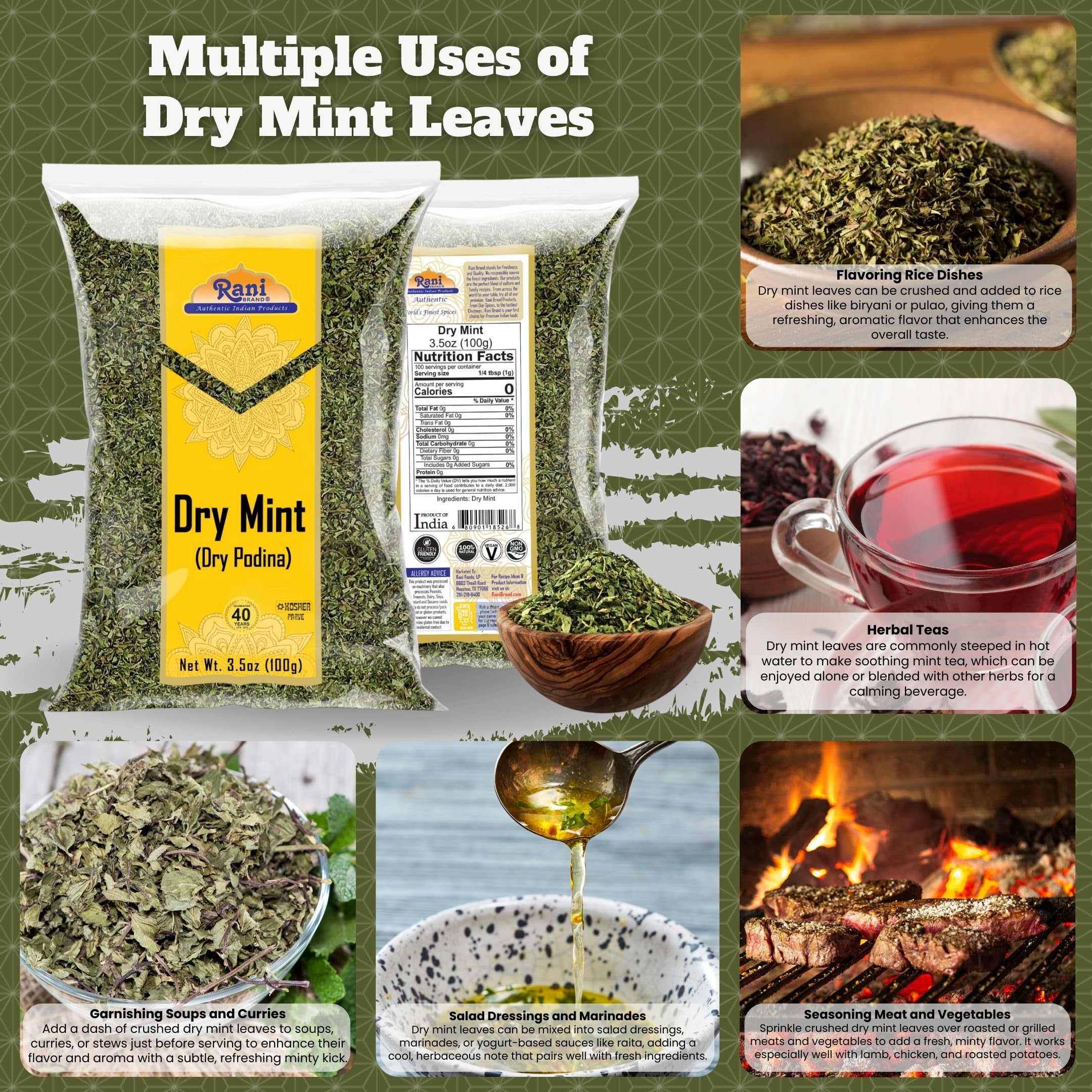 Rani Dry Mint Leaves (Podina Leaf) Spice, Dried Herb 3.5oz (100g) ~ All Natural | Gluten Friendly | NON-GMO | Kosher | Vegan | Indian Origin - Image 2