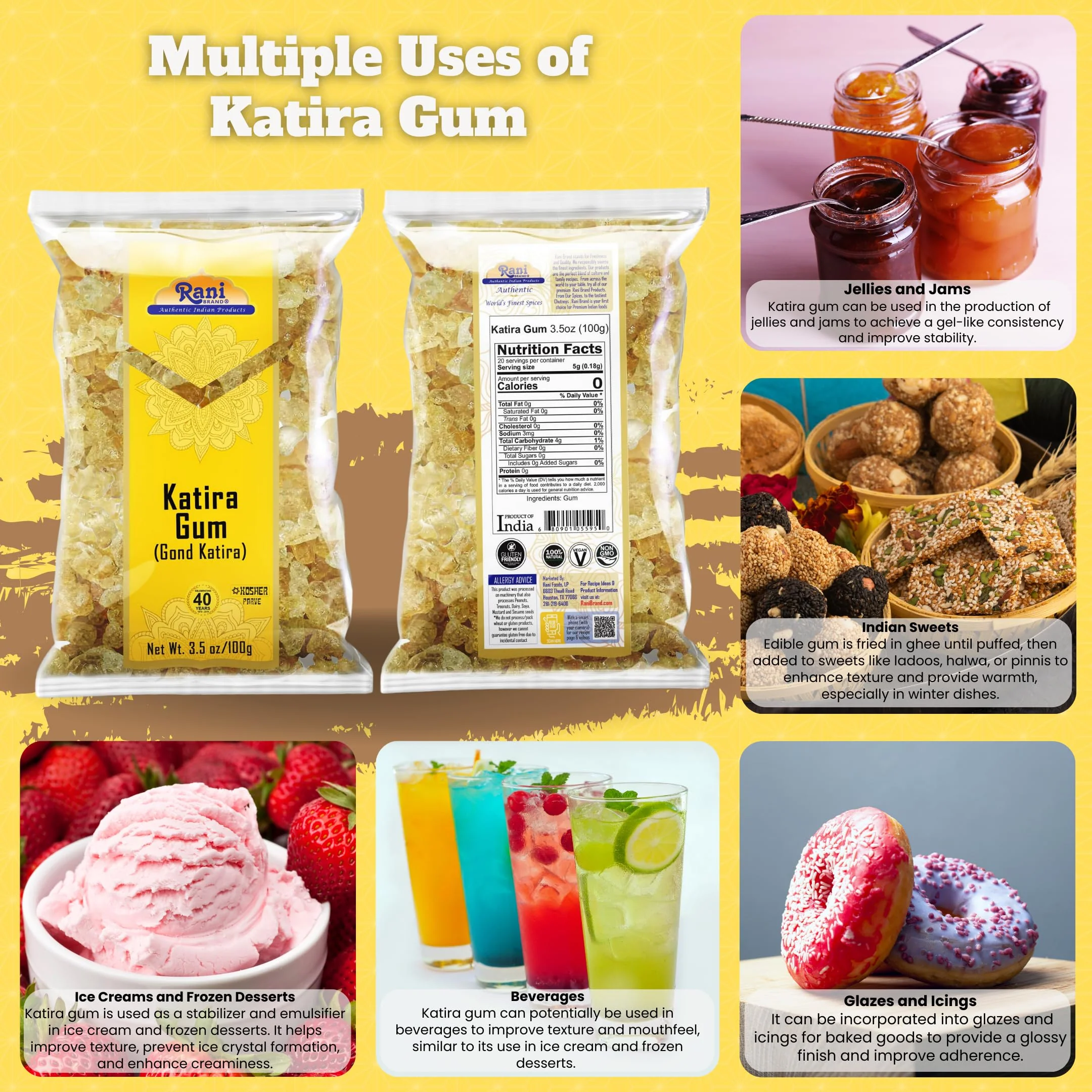 Rani Edible Gum Whole (Goonder Tragacanth Gum) 3.5oz (100g) ~ All Natural, Salt-Free | Vegan | No Colors | Gluten Friendly | NON-GMO | Kosher | Indian Origin - Image 2