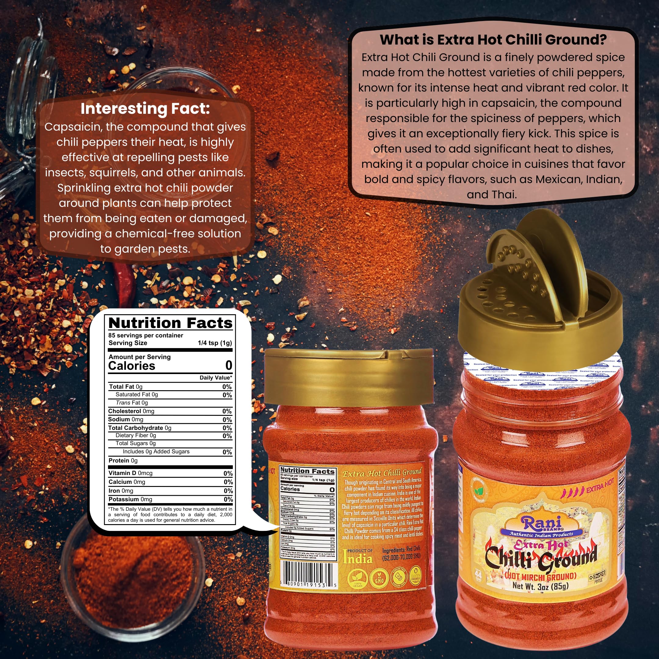 Rani Extra Hot Chilli Powder Indian Spice 3oz (85g) PET Jar ~ All Natural | Salt-Free | Vegan | No Colors | Gluten Friendly | NON-GMO | Kosher | Indian Origin - Image 6