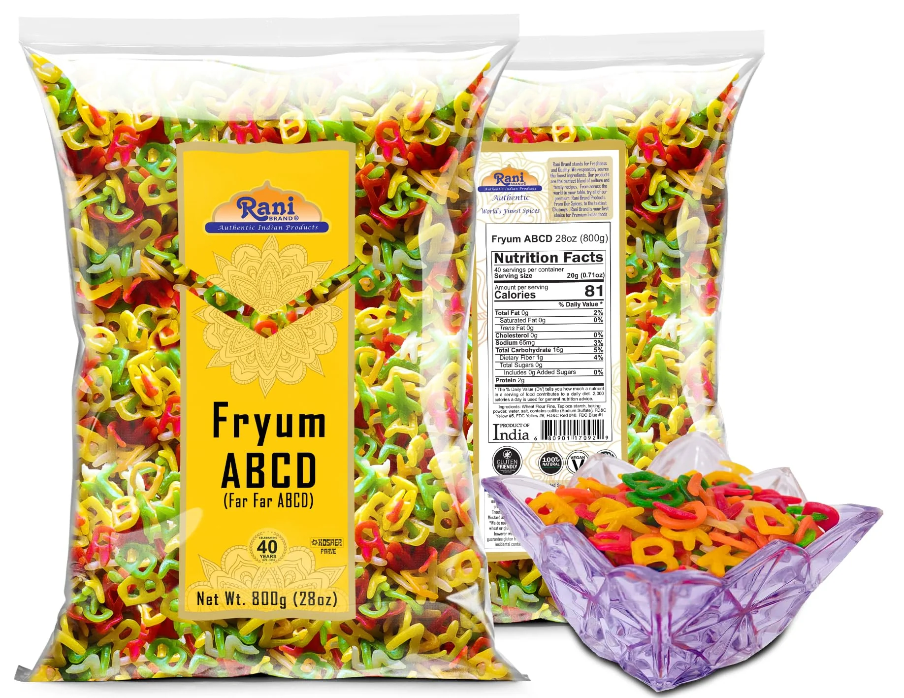 Rani Far Far / Fryums (Wheat & Tapioca Pellet) ABCD Shape 28oz (800g) ~ Vegan, Kosher, Uncooked, Used to Make Papad, Bhungra / Chip Snack - Image 7