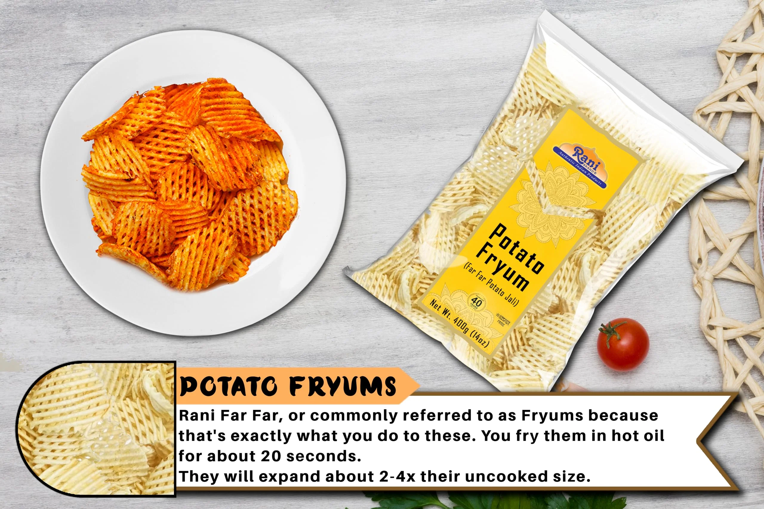 Rani Far Far / Fryums (Wheat & Tapioca Pellet) Potato Jhali 14oz (400g) ~ Vegan, Kosher, Uncooked, Used to Make Papad, Bhungra / Chip Snack - Image 6