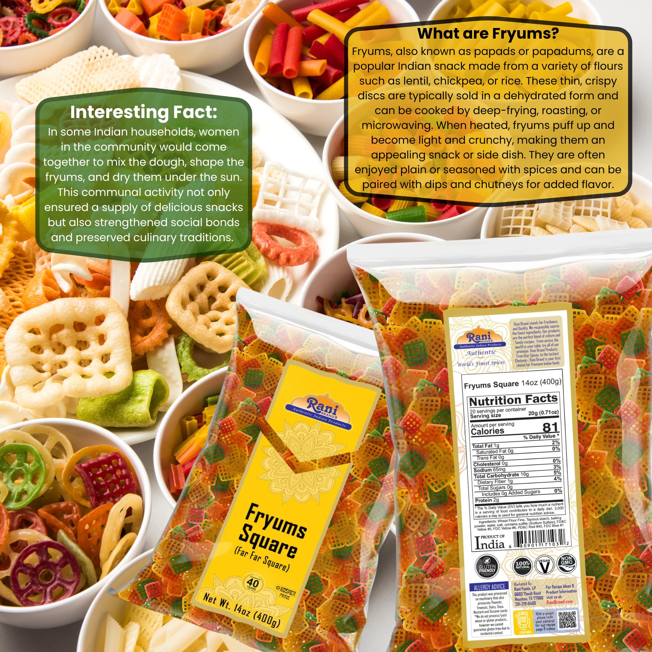 Rani Far Far / Fryums (Wheat & Tapioca Pellet) Square Shape 14oz (400g) ~ Vegan, Kosher, Uncooked, Used to Make Papad, Bhungra / Chip Snack - Image 3